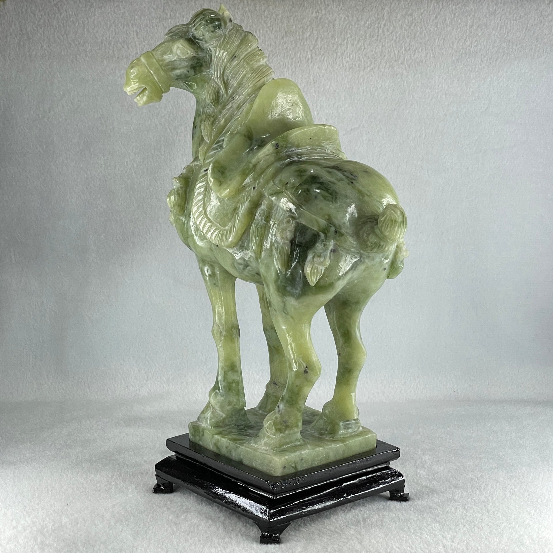 Natural Green Serpentine Victory Horse with Wooden Stand Display 2,539.2g 187.0 by 273.0 by 110.0mm - Huangs Jadeite and Jewelry Pte Ltd