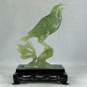 Natural Green Serpentine Javan Mynah Birds on Tree with Wooden Stand Display 418.9g 120.0 by 176.0 by 75.0mm - Huangs Jadeite and Jewelry Pte Ltd