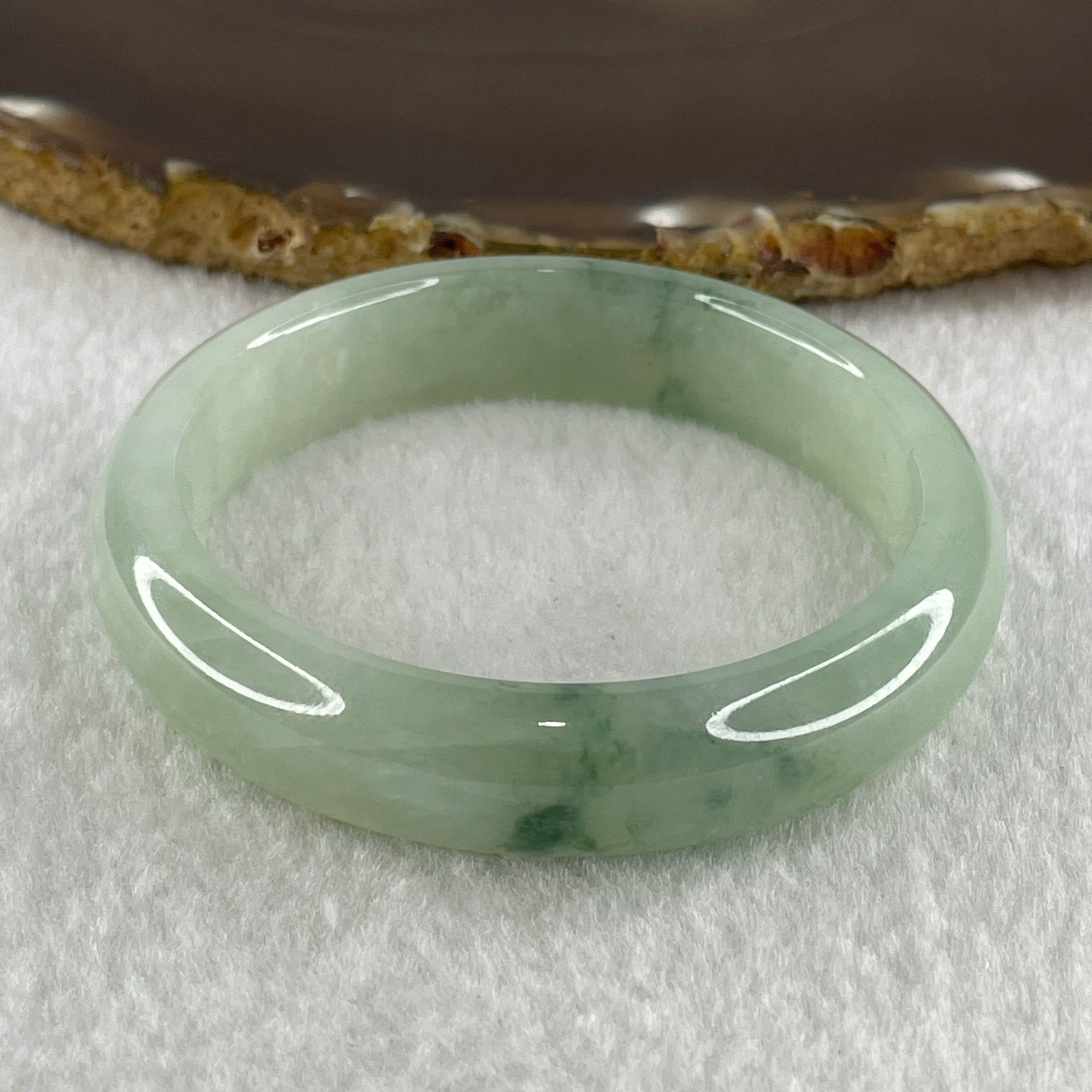 Type A Natural Jelly Semi Icy Light Green with Blueish Green Flora Piao Hua Jadeite Bangle 47.66g Inner Diameter 52.4mm 12.6 by 8.5mm (Internal Lines) - Huangs Jadeite and Jewelry Pte Ltd