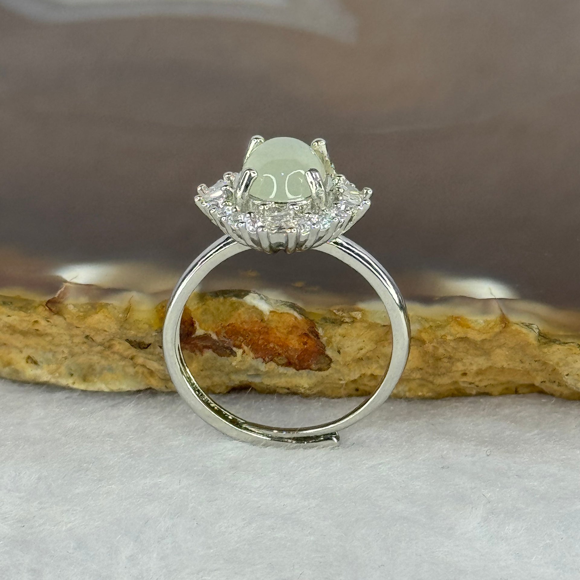 Type A Semi Icy Light Green Jadeite with Crystals in S925 Sliver Ring (Adjustable Size) 2.68g 8.7 by 6.7 by 3.5mm - Huangs Jadeite and Jewelry Pte Ltd