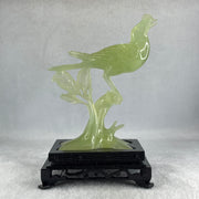 Natural Green Serpentine Javan Mynah Birds on Tree with Wooden Stand Display 338.9g 125.0 by 175.0 by 78.0mm - Huangs Jadeite and Jewelry Pte Ltd