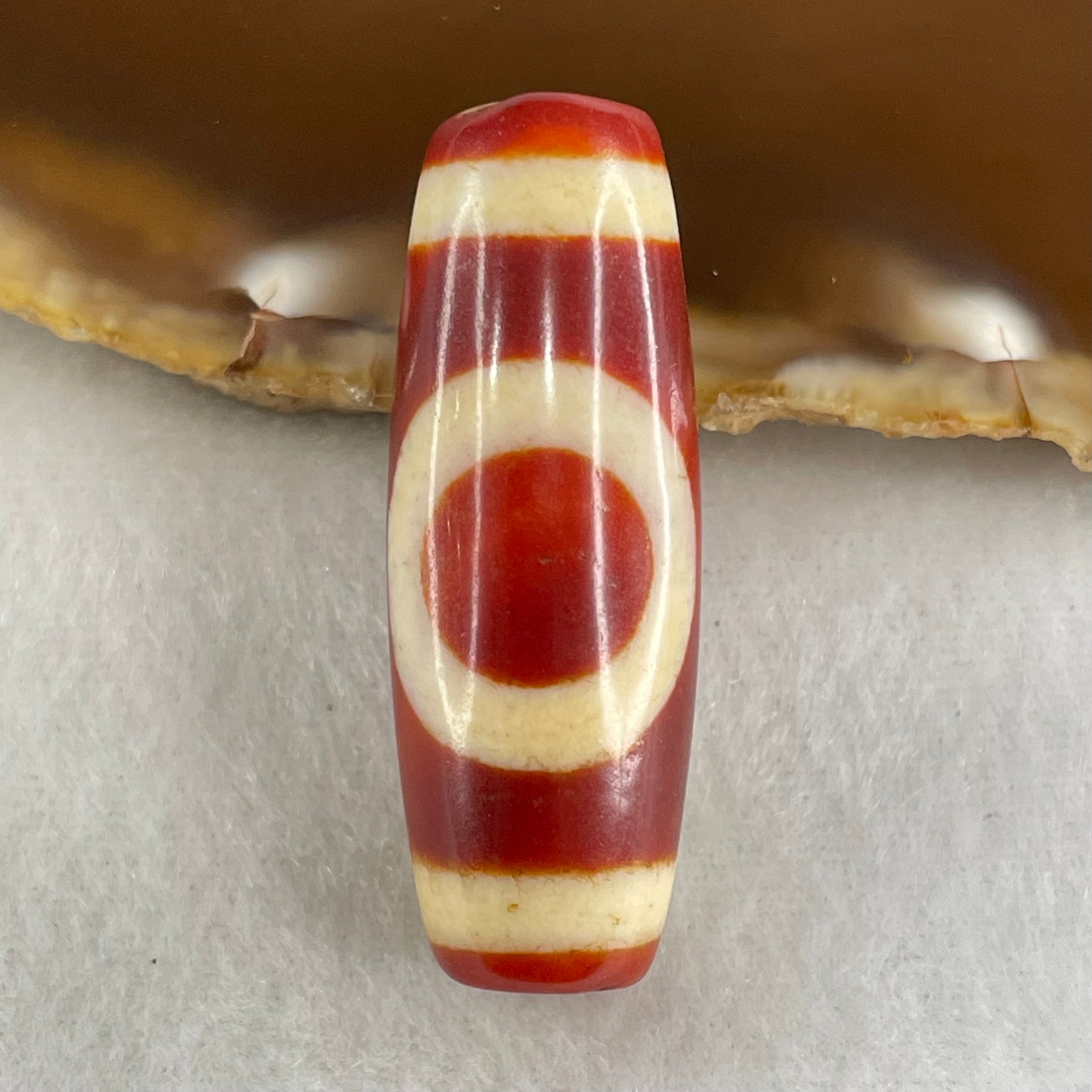 Natural Powerful Tibetan Old Oily Red White Agate One Eye Gold Metal Element Dzi Bead Heavenly Master (Tian Zhu) 一眼金天珠 11.50g 38.6 by 13.9mm - Huangs Jadeite and Jewelry Pte Ltd