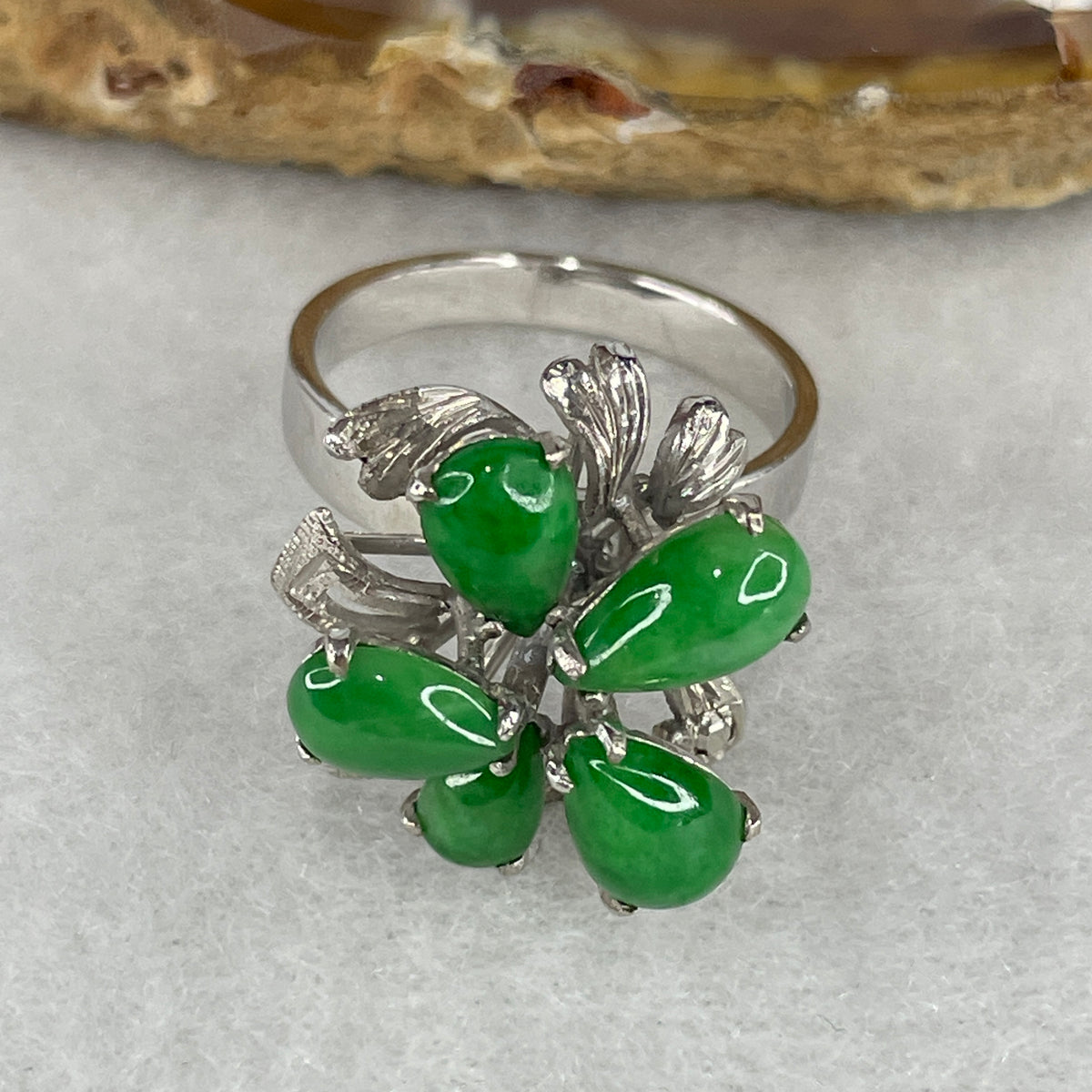 NGI Certified Natural Type A Spicy Green Jadeite Pear & Cabochon Ring in 18K White Gold | US 6 / HK 13 (5.12g 5.15x3.89mm to 8.45x5.14mm | Intense Emerald Saturation)