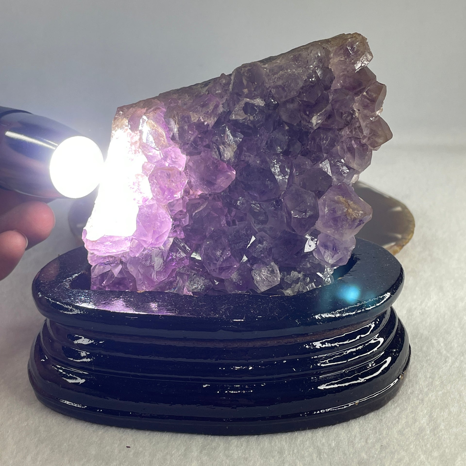 Natural Amethyst Crystal Cluster Display with Wooden Stand 520.8g 124.8 by 76.9 by 110.0mm - Huangs Jadeite and Jewelry Pte Ltd