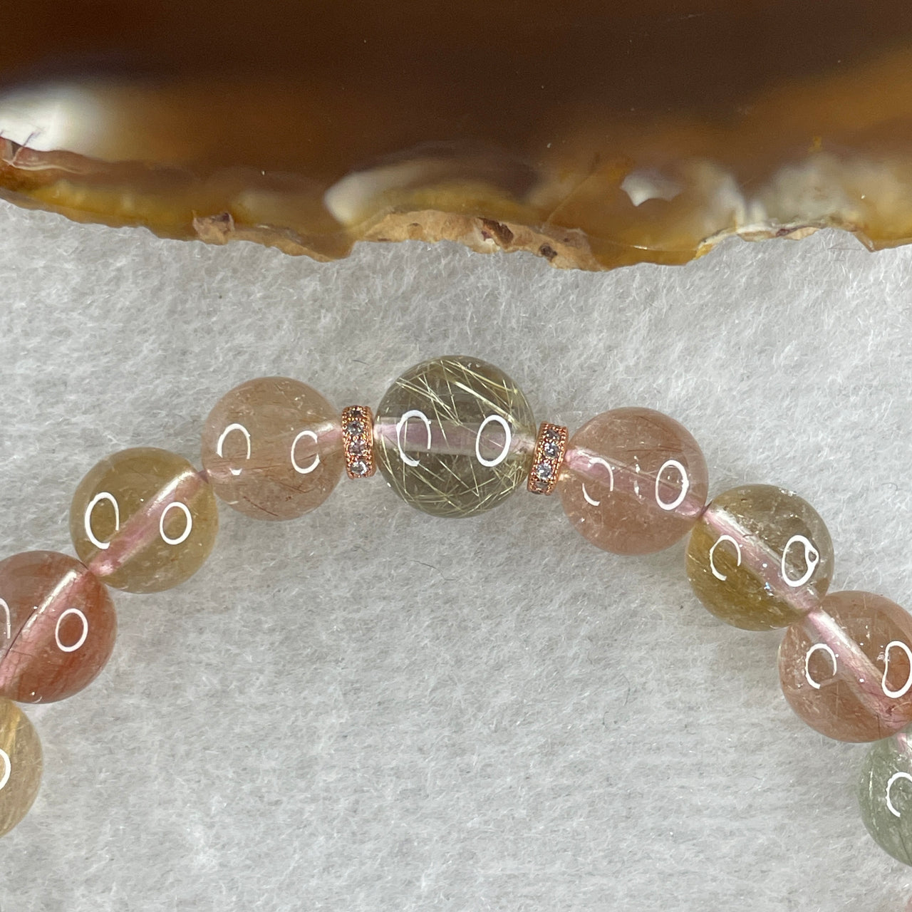 Natural Pinkish with Green Rabbit Hair Rutilated Quartz Beads Bracelet 20.16g 16cm 9.2mm 22Beads - Huangs Jadeite and Jewelry Pte Ltd