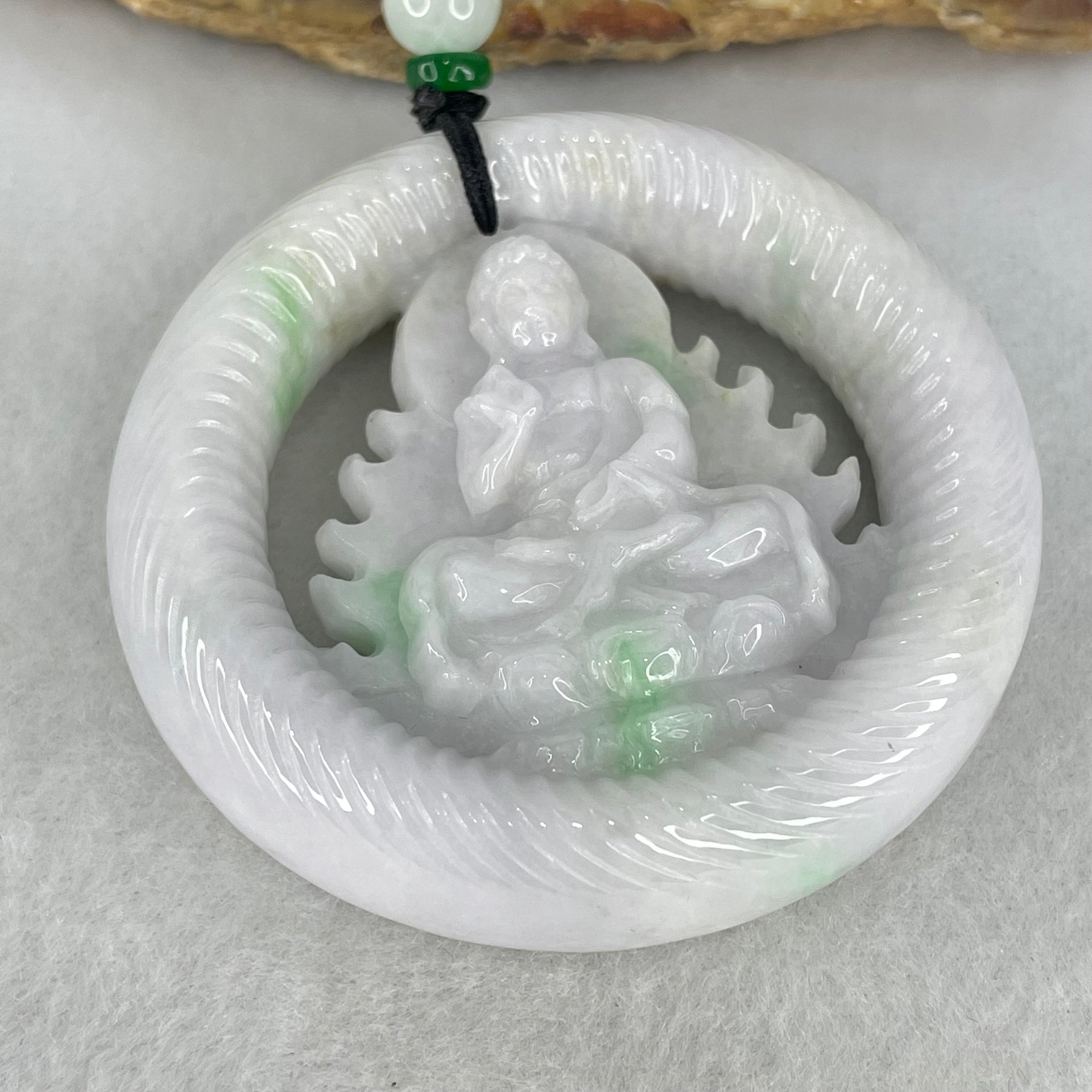 Type A Light Lavender Green Jadeite Buddha Ping An Kou Donut Pendant 74.33g 56.4 by 13.6mm - Huangs Jadeite and Jewelry Pte Ltd