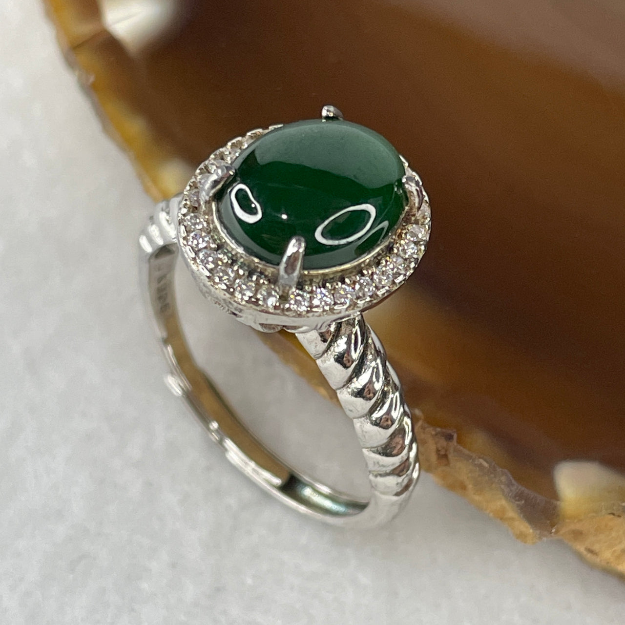 Certified Type A Icy Dark Green Omphacite Jadeite Cabochon S925 Silver Ring | Solid Sterling Silver Frame | Smart Adjustable Sizing (3.25g 9.2x7.9x3.5mm)