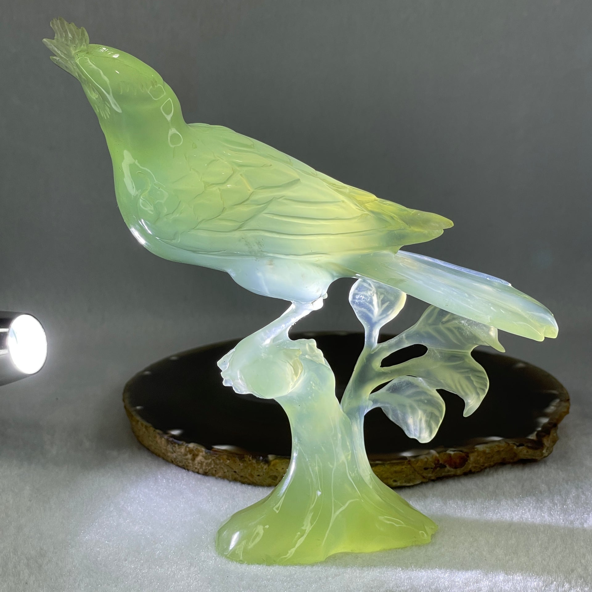 Natural Green Serpentine Bird on Plant with Wooden Stand Display 361.9g 150.0 by 80.0 by 180.0mm - Huangs Jadeite and Jewelry Pte Ltd