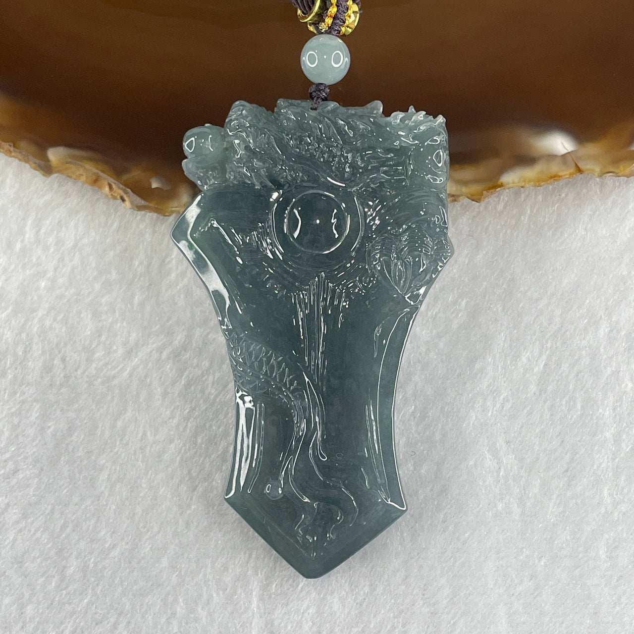 Grand Master Type A Semi Icy Blueish Green Jadeite Dragon on Axe Pendant 46.02g 65.2 by 39.0 by 10.4mm