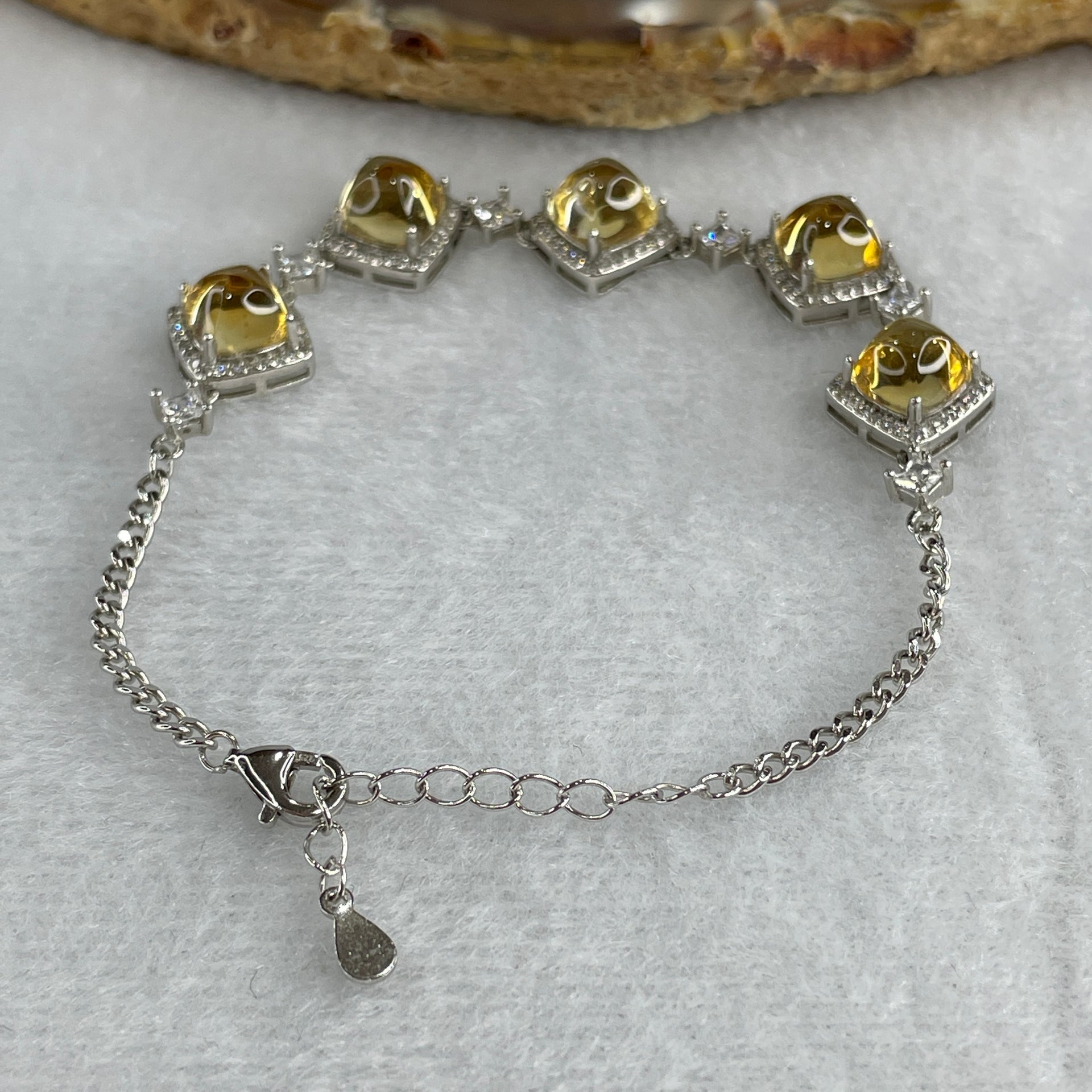 Natural Citrine Bead with Cubic Zirconia Bracelet in S925 Sliver 7.52g 13-16cm 6.8 by 6.0mm 5 Pcs - Huangs Jadeite and Jewelry Pte Ltd