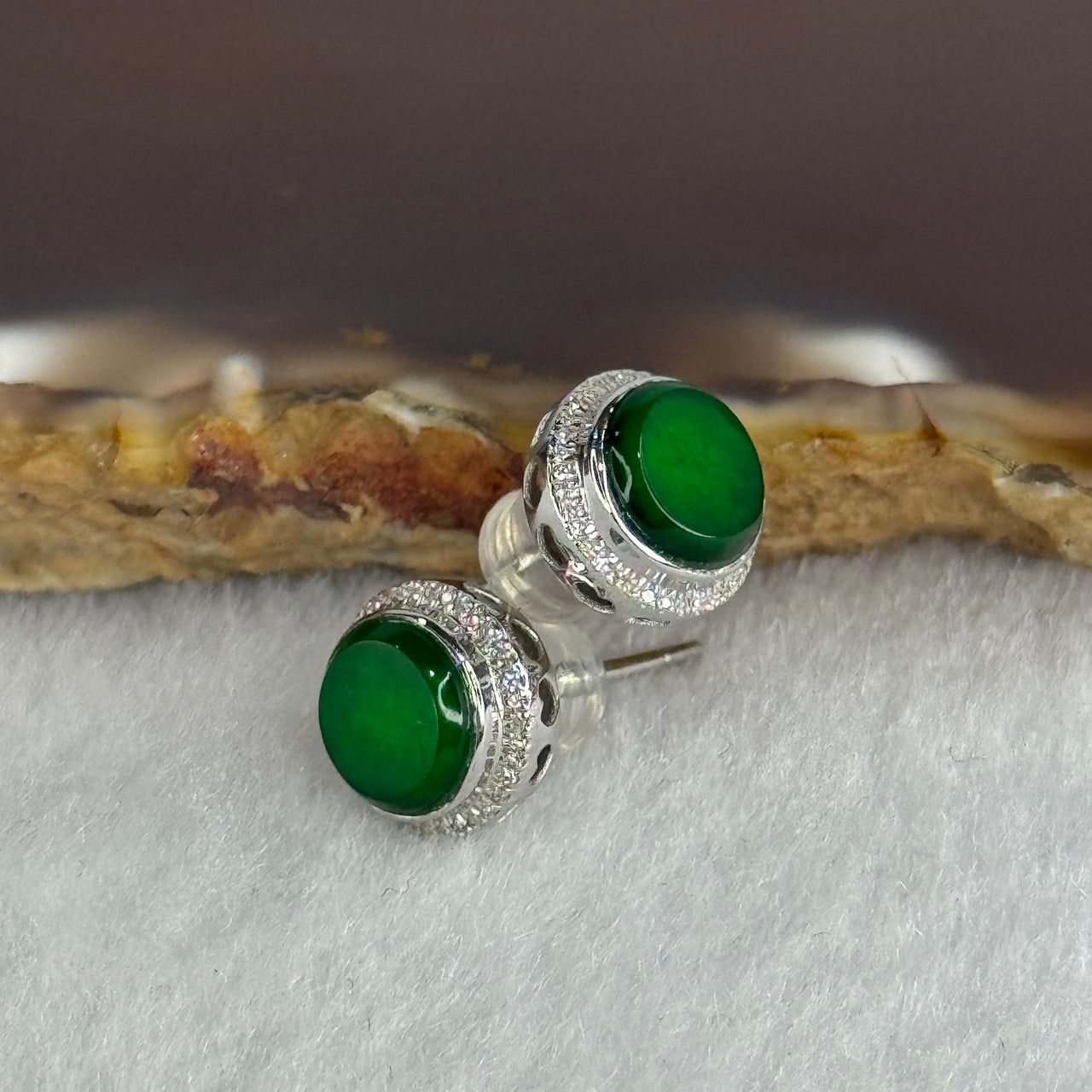 Type A Icy Old Mine Full Green Hua Qing Jade Jadeite with Diamonds Round Earrings 2.35g 9.5 by 9.5 by 5.7mm - Huangs Jadeite and Jewelry Pte Ltd