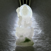 Type A Light Lavender with Green Patches Jadeite Guan Yin Pendent with Wooden Stand 111.55g  111.8 by 58.7 by 46.6mm - Huangs Jadeite and Jewelry Pte Ltd