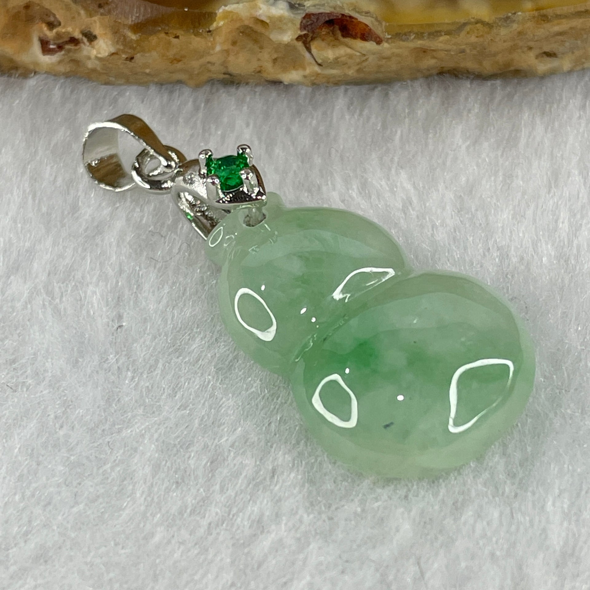 Natural Type A Semi Icy Light Green with Apple Green Piao Hua Flora Jadeite Calabash Hulu Pendant in Stainless Steel Clasp 2.44g 21.0 by 13.8 by 4.9mm - Huangs Jadeite and Jewelry Pte Ltd