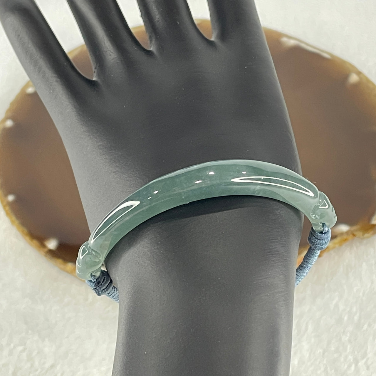 Natural Type A Jelly Blueish Green Jadeite Double Ruyi with Lotus Bracelet 15.53g 16cm 8.3 by 6.1mm