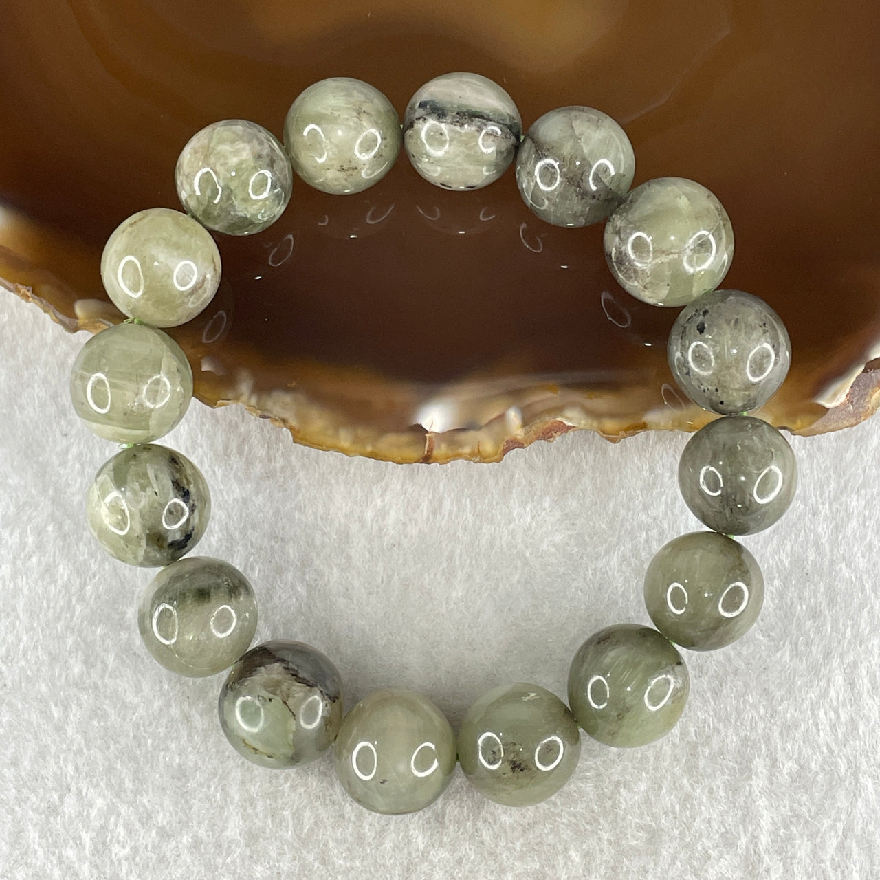 Natural Green Serpentine with Brown Beads Bracelet 53.93g 17.5cm 13.9mm 16Beads - Huangs Jadeite and Jewelry Pte Ltd