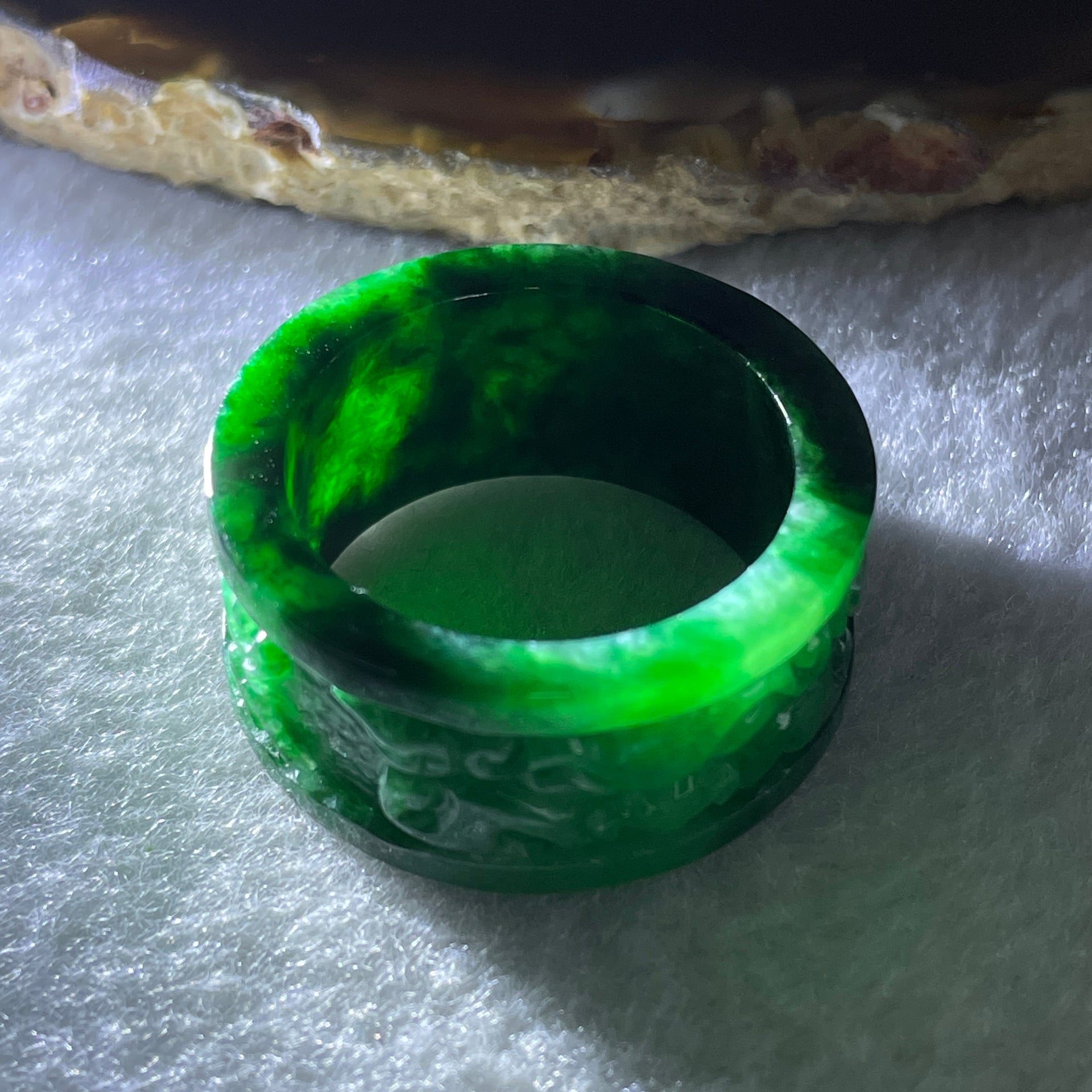 Certified Type A Burmese Old Mine Green Om Mani PadMe Hum Jade Jadeite Ring 11.31g US13.75 HK31 Inner Diameter 23.1mm - Huangs Jadeite and Jewelry Pte Ltd