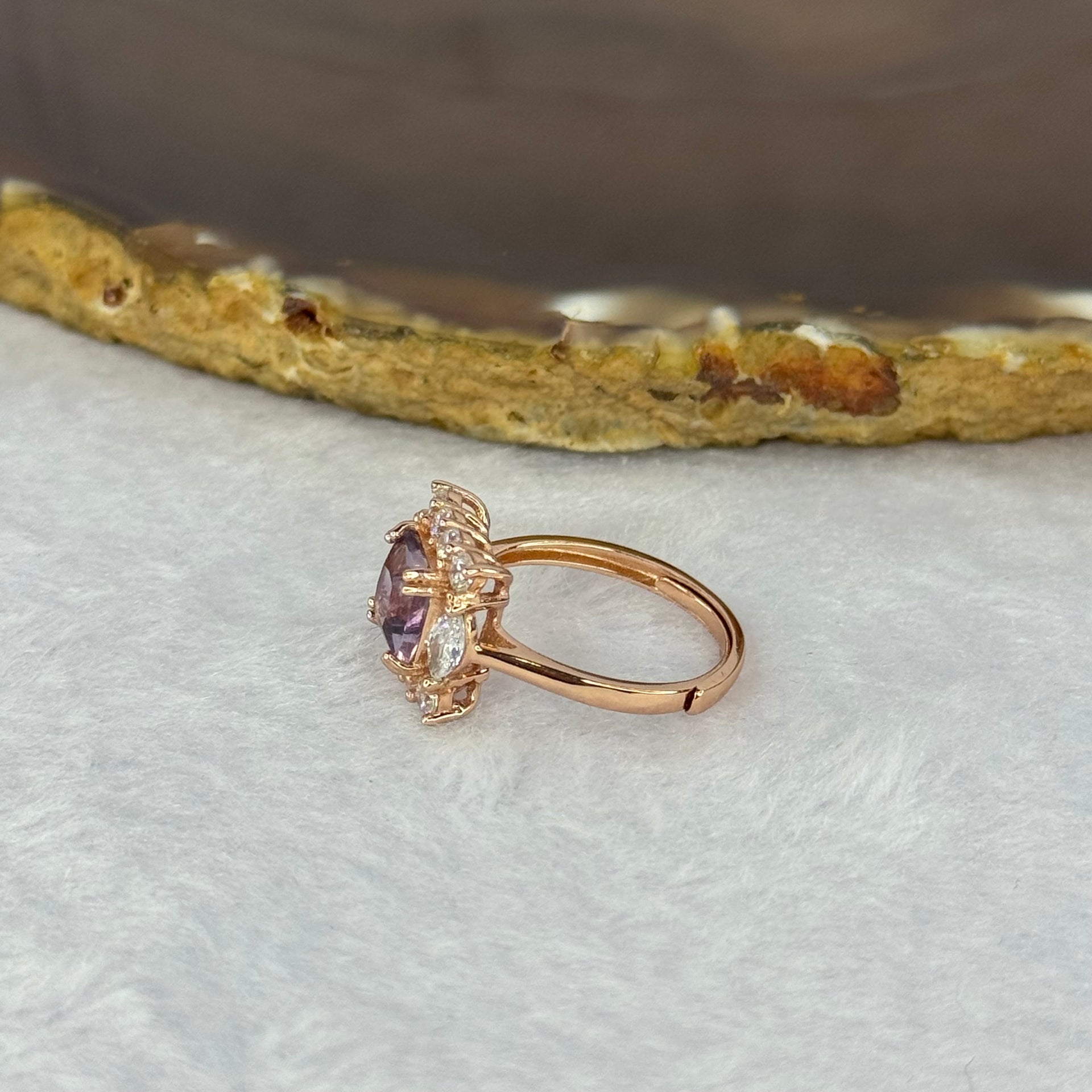 Natural Fluorite in 925 Sliver Rose Gold Color Ring (Adjustable Size) 2.22g 7.1 by 7.1 by 3.7mm - Huangs Jadeite and Jewelry Pte Ltd