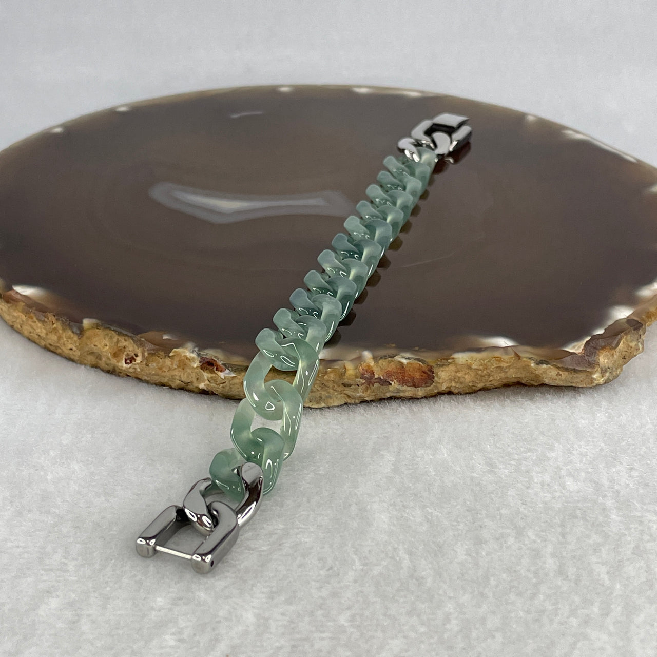 Certified Natural Type A Icy Blueish Green Jadeite Cuban Tennis Bracelet with Stainless Steel Clasp 17.01g Up to 14.5cm 10.9 by 3.3mm 14 Pcs