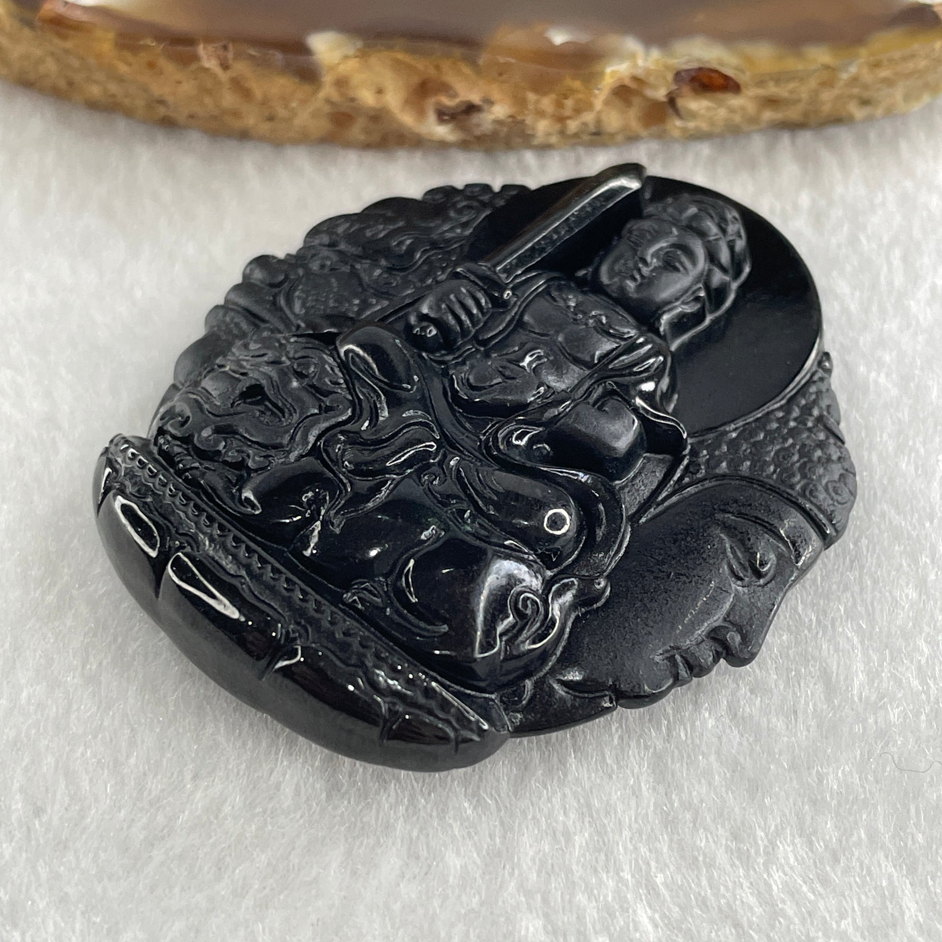 Type A Opaque Black Omphacite Jadeite Good Vs Evil Manjushri Bodhisattva Pendant Rabbit Zodiac Guardian 35.89g 51.2 by 44.3 by 10.0mm - Huangs Jadeite and Jewelry Pte Ltd