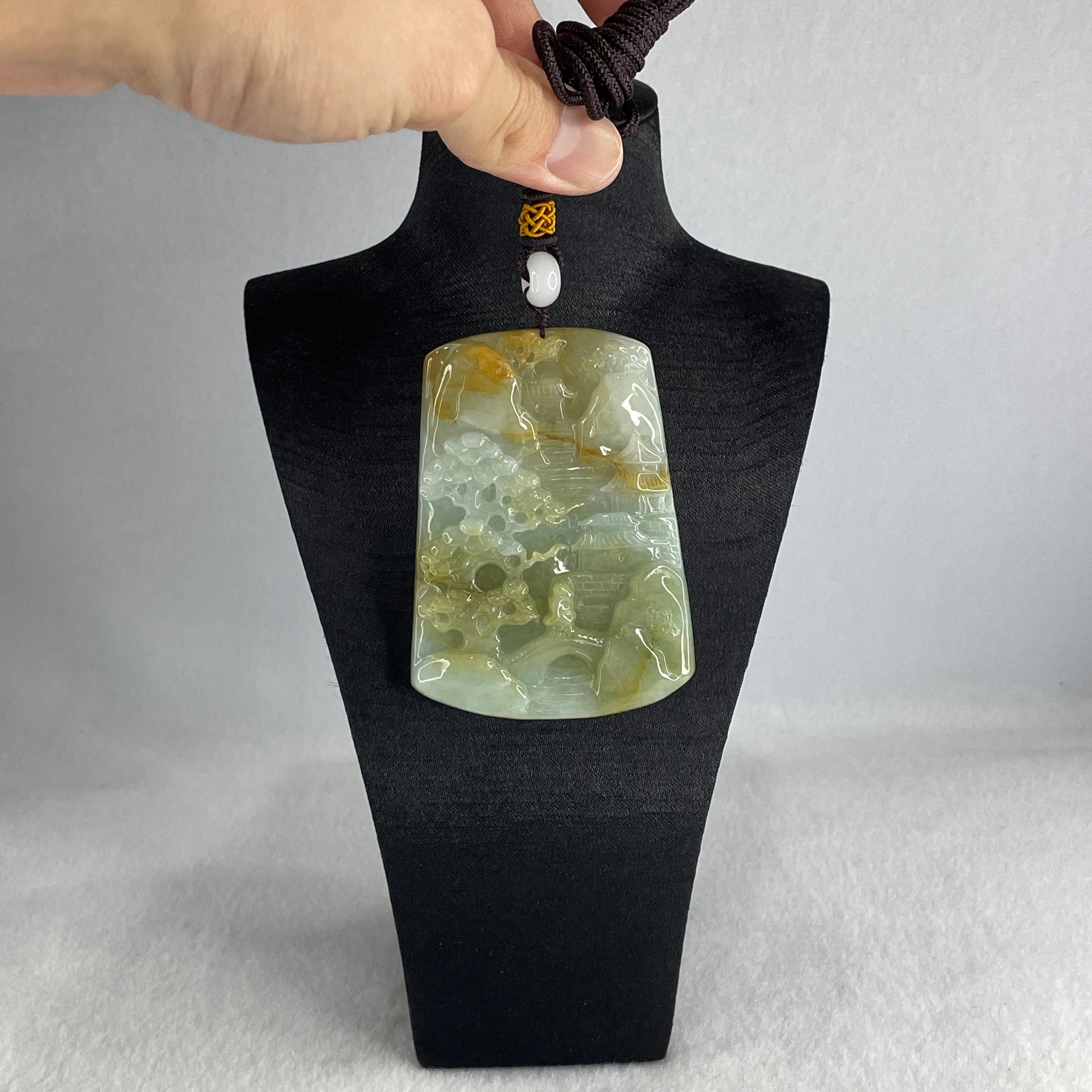 Natural Type A Sky Blue with Yellowish Green Jadeite Shan Shui with Gui Ren Benefactor Pendant 94.26g 75.5 by 55.5 by 10.5mm - Huangs Jadeite and Jewelry Pte Ltd