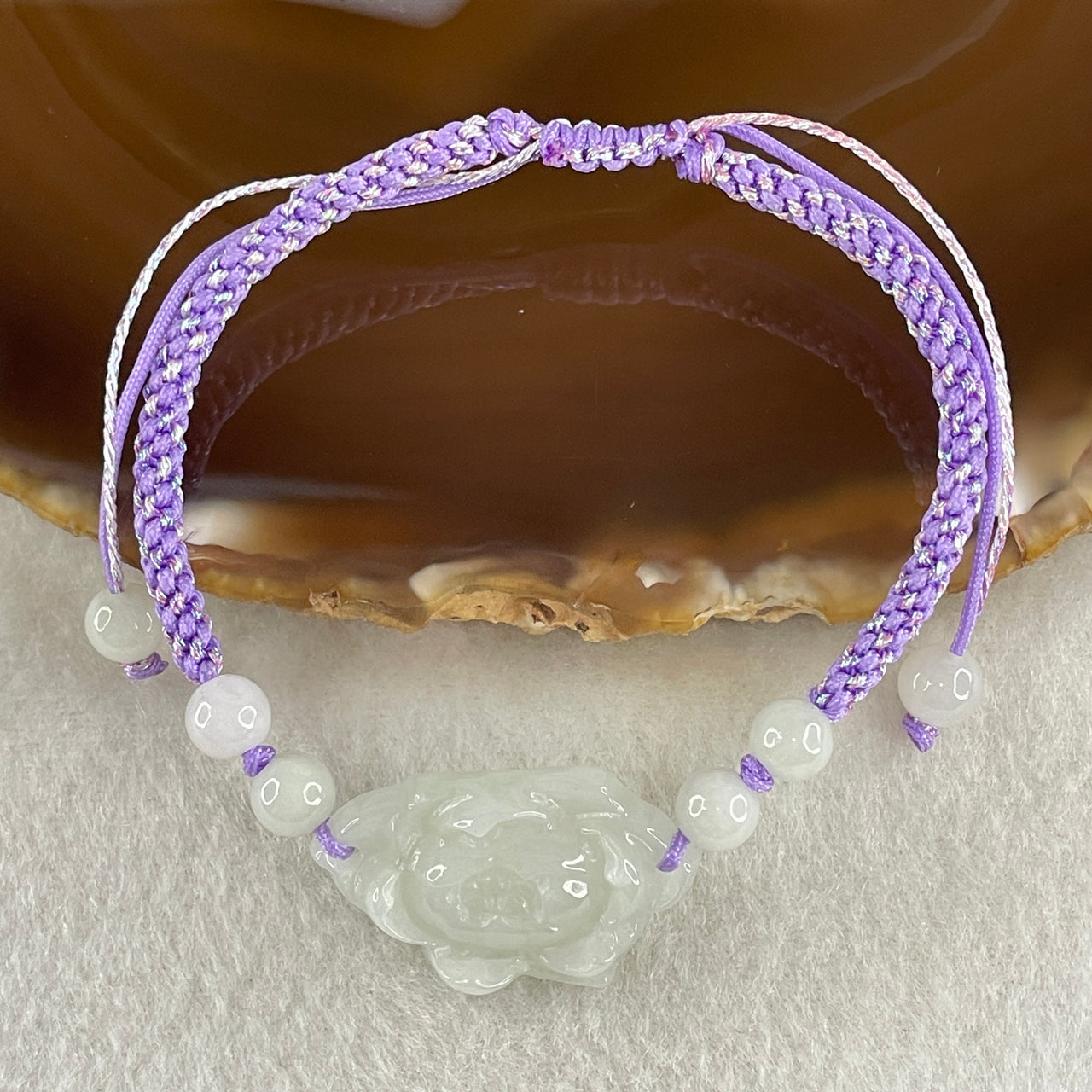 Type A Light Green Jadeite Lotus Flower Bracelet 6.62g 27.4 by 76.6 by 5.5mm - Huangs Jadeite and Jewelry Pte Ltd