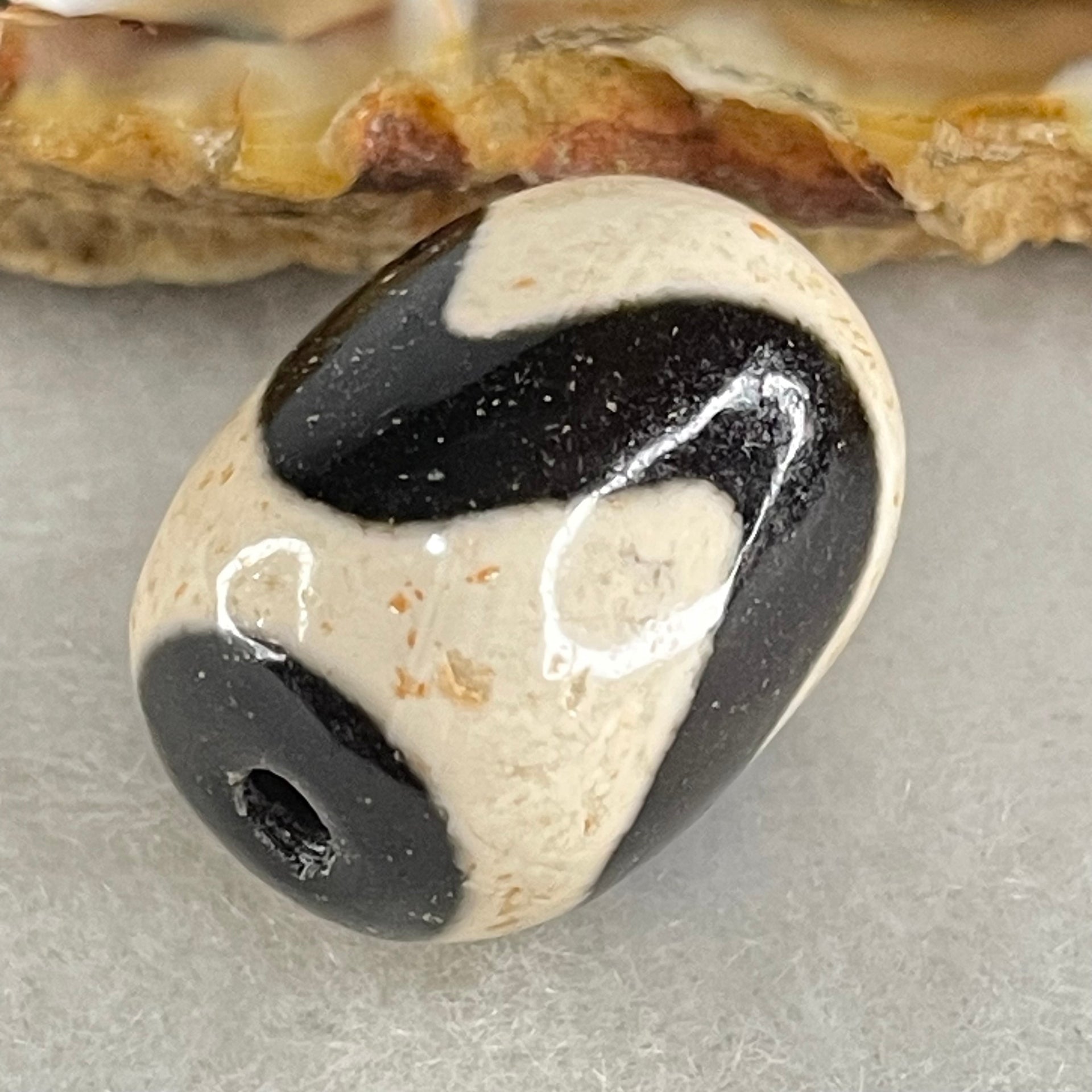 Natural Powerful Tibetan Old Oily Agate Tiger Tooth Daluo Dzi Bead Heavenly Master (Tian Zhu) 虎呀天诛 5.28g 17.9 13.9mm - Huangs Jadeite and Jewelry Pte Ltd