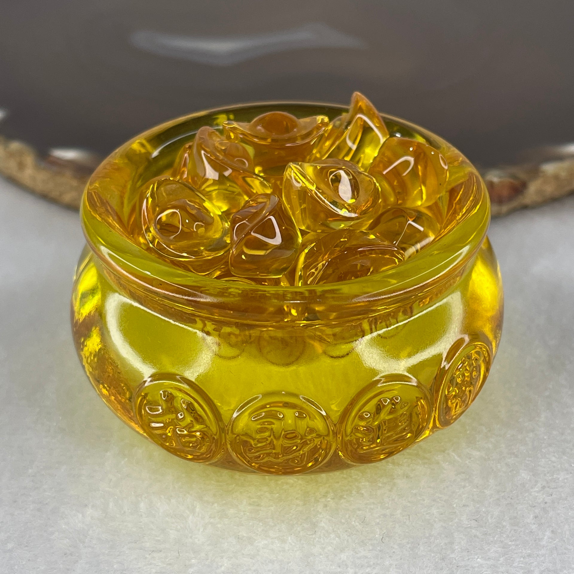 Yellow Liuli Wealth Pot with Ingot Yuan Bao Display Total Weight 150.37g 59.4 by 37.0mm - Huangs Jadeite and Jewelry Pte Ltd