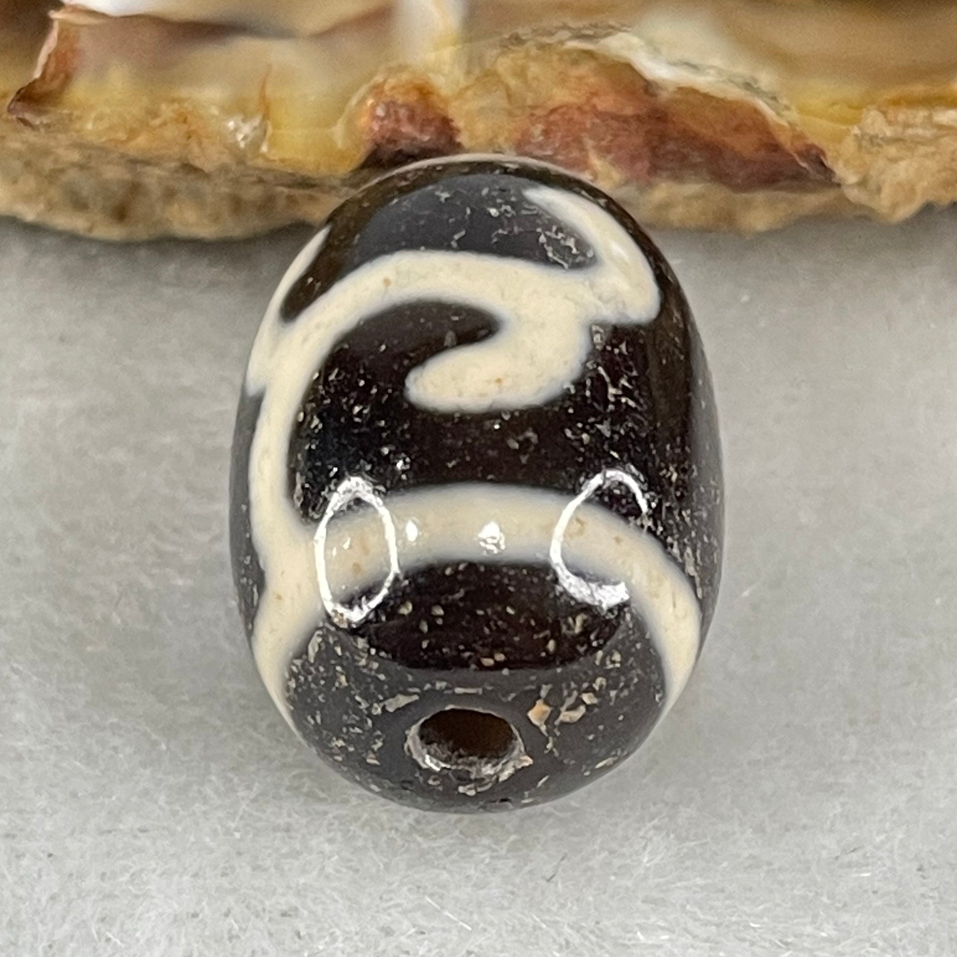 Natural Powerful Tibetan Old Oily Black White Agate Green Tara Dzi Bead Heavenly Master (Tian Zhu) 绿度母天珠 4.46g 17.8 by 12.9mm - Huangs Jadeite and Jewelry Pte Ltd