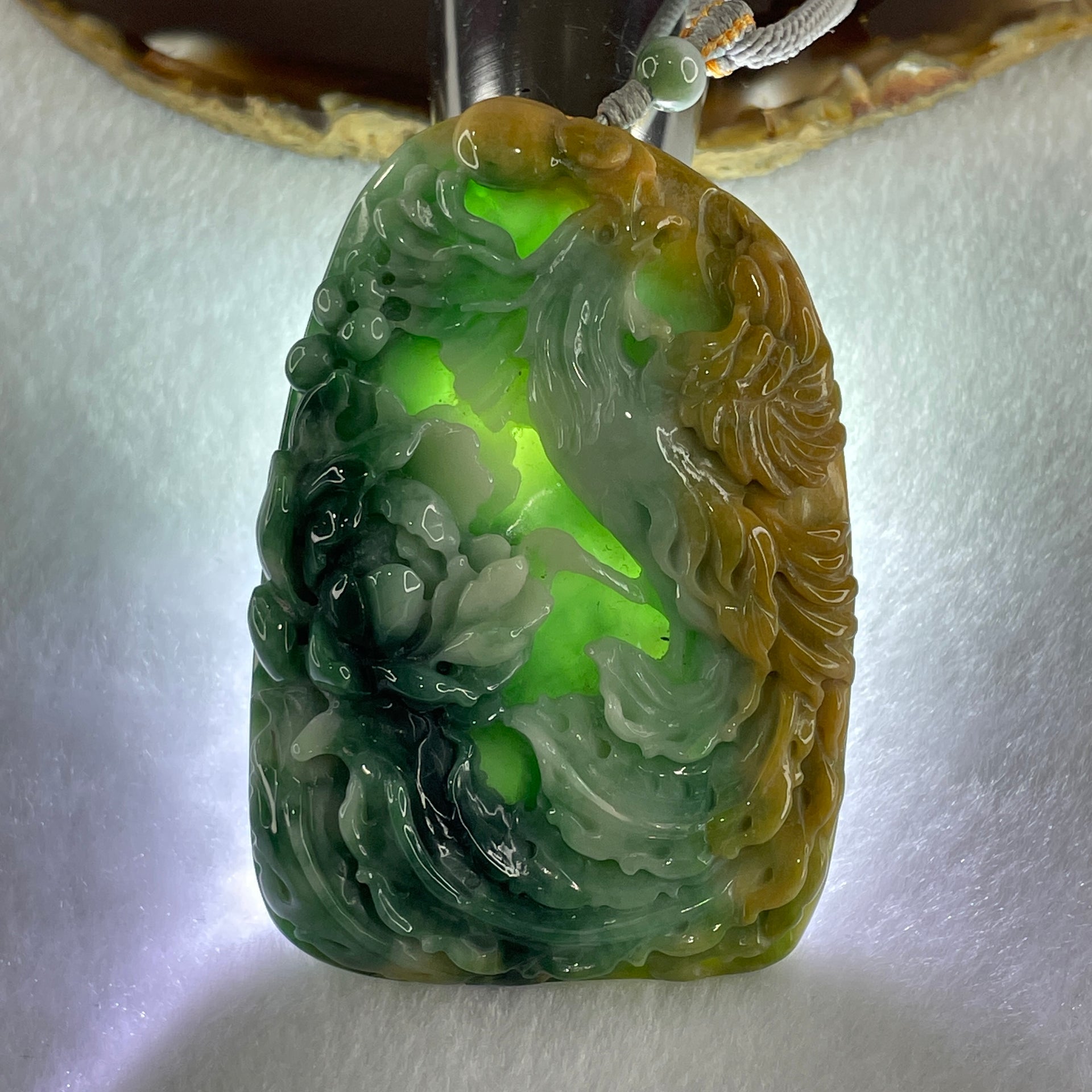 Grand Master Type A Green with Spicy Green and Yellow Piao Hua Jadeite Phoenix with Flower Double Side Pendant 86.78g 72.0 by 48.0 by 12.5mm - Huangs Jadeite and Jewelry Pte Ltd