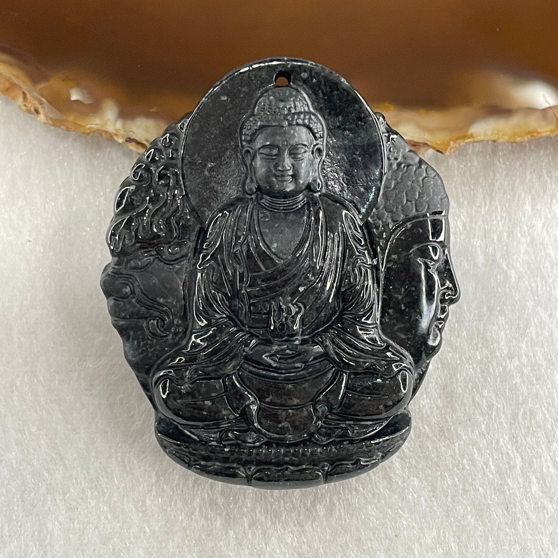 Type A Opaque Black Omphacite Jadeite Good Vs Evil Amitabha Buddha Pendant Dog and Boar Pig Zodiac Guardian 44.61g 50.6 by 43.4 by 12.0mm - Huangs Jadeite and Jewelry Pte Ltd