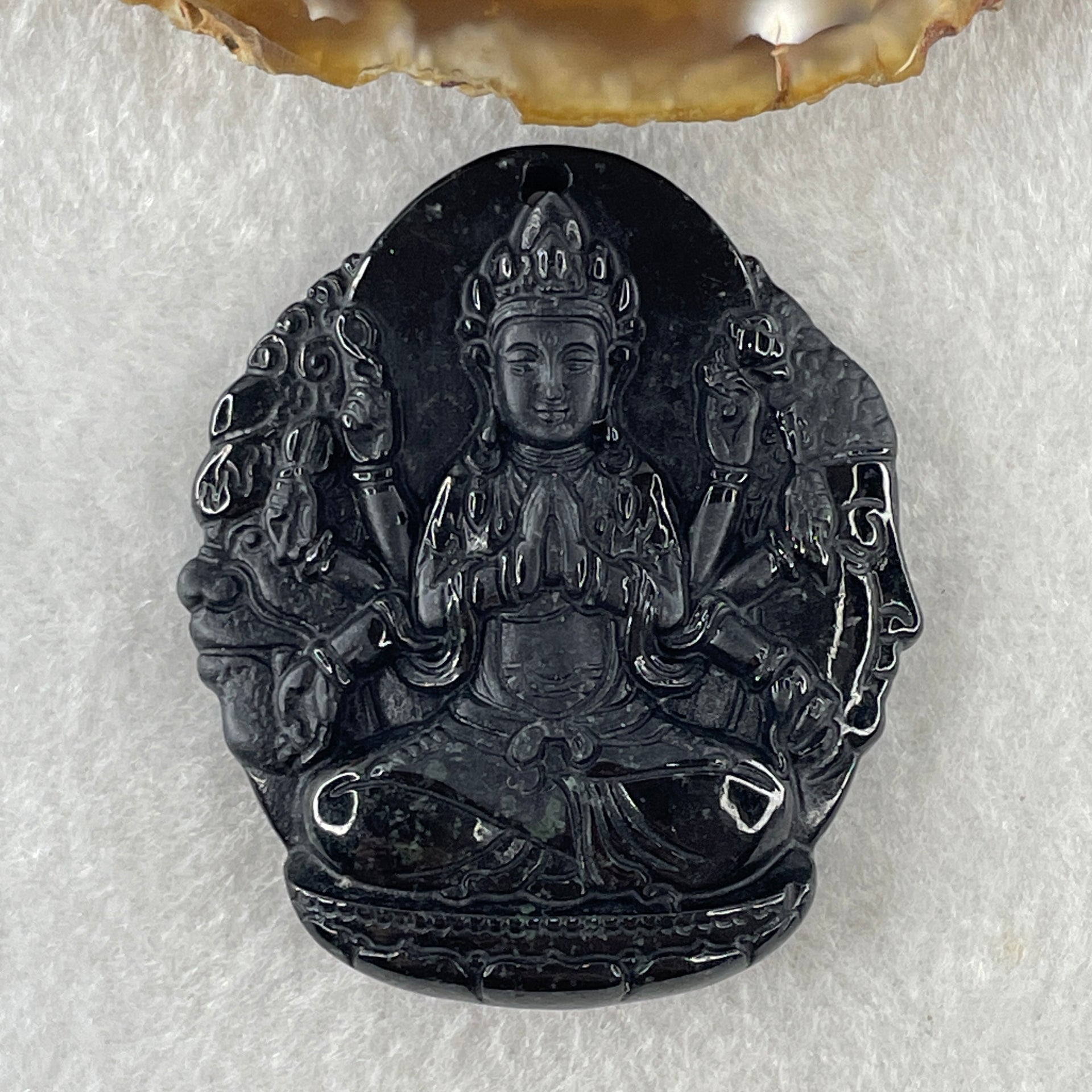 Type A Opaque Black Omphacite Jadeite Good Vs Evil Thousand Hand Guan Yin Pendant Rat Zodiac Guardian 48.32g 50.5 by 43.3 by 12.9mm - Huangs Jadeite and Jewelry Pte Ltd