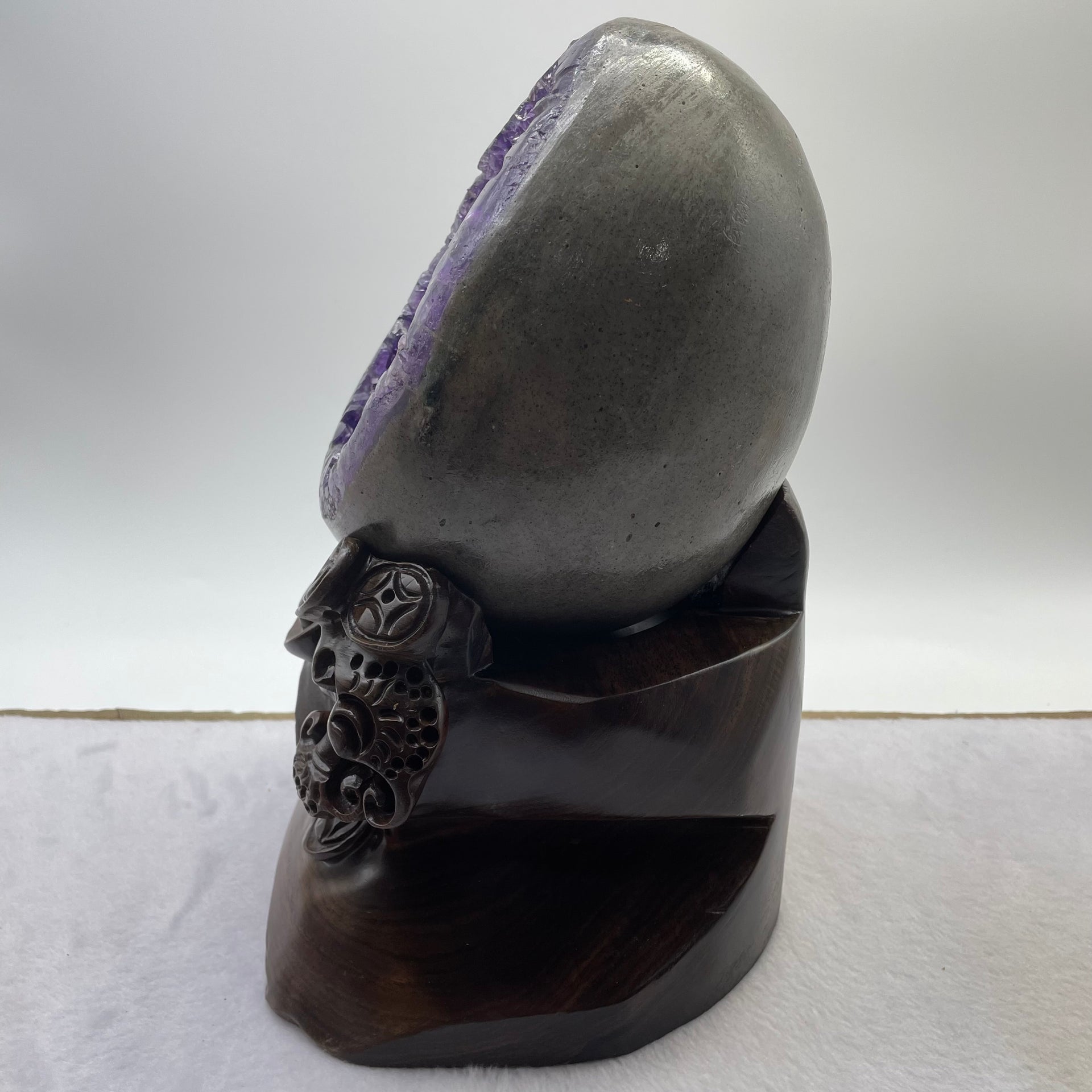 Natural Deep Purple Amethyst Egg with Wooden Stand Display 5,913.4g 170.0 by 165.0 by 270.0mm - Huangs Jadeite and Jewelry Pte Ltd