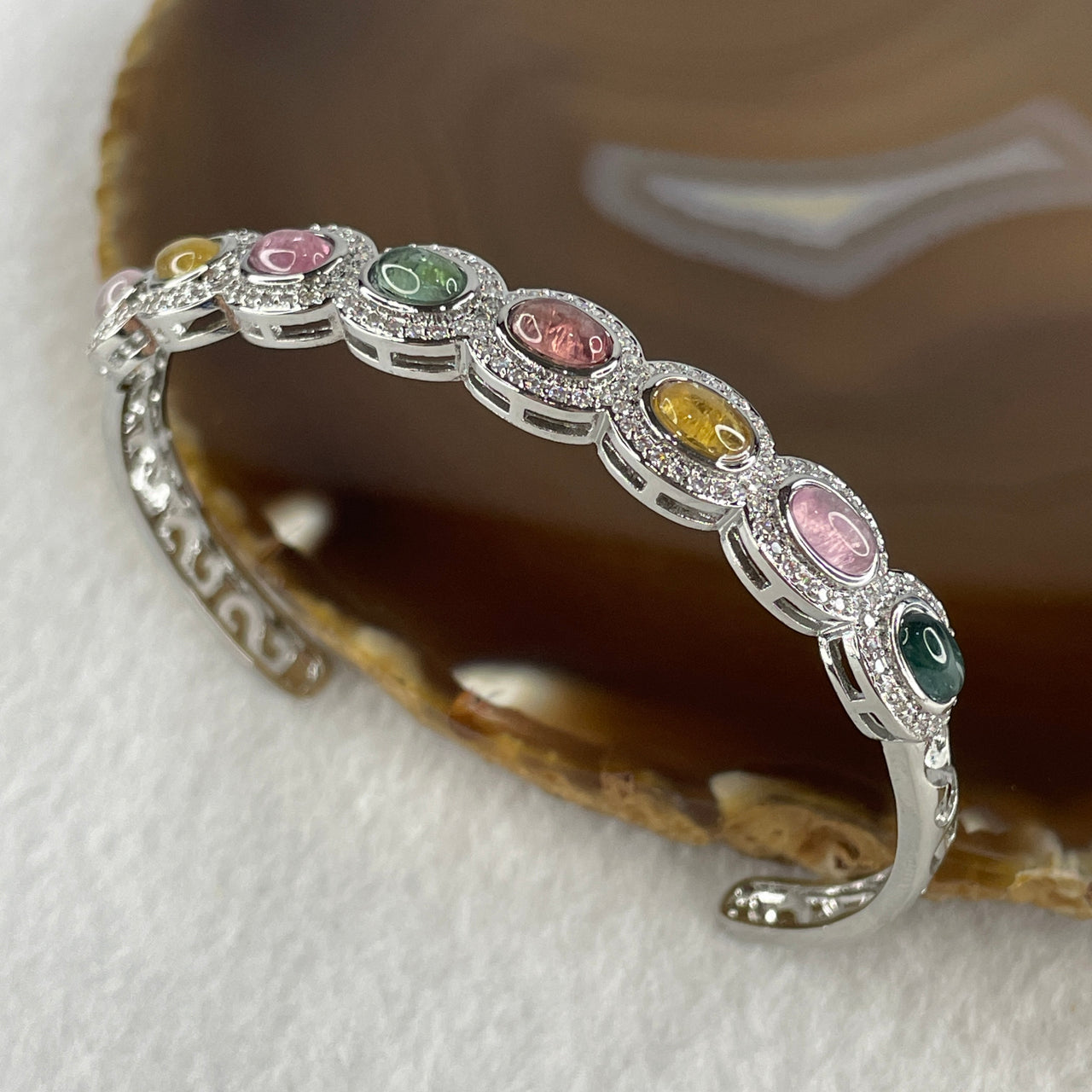 Natural Rainbow Tourmaline Faceted Bracelet in S925 Sliver 9.41g 16cm 6.4 by 3.8 by 2.0mm 8pcs