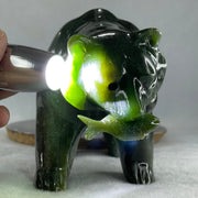 Natural Dark Green Serpentine Bear eating Fish Display 1,800.0g 180.5 by 82.0 by 107.0mm - Huangs Jadeite and Jewelry Pte Ltd
