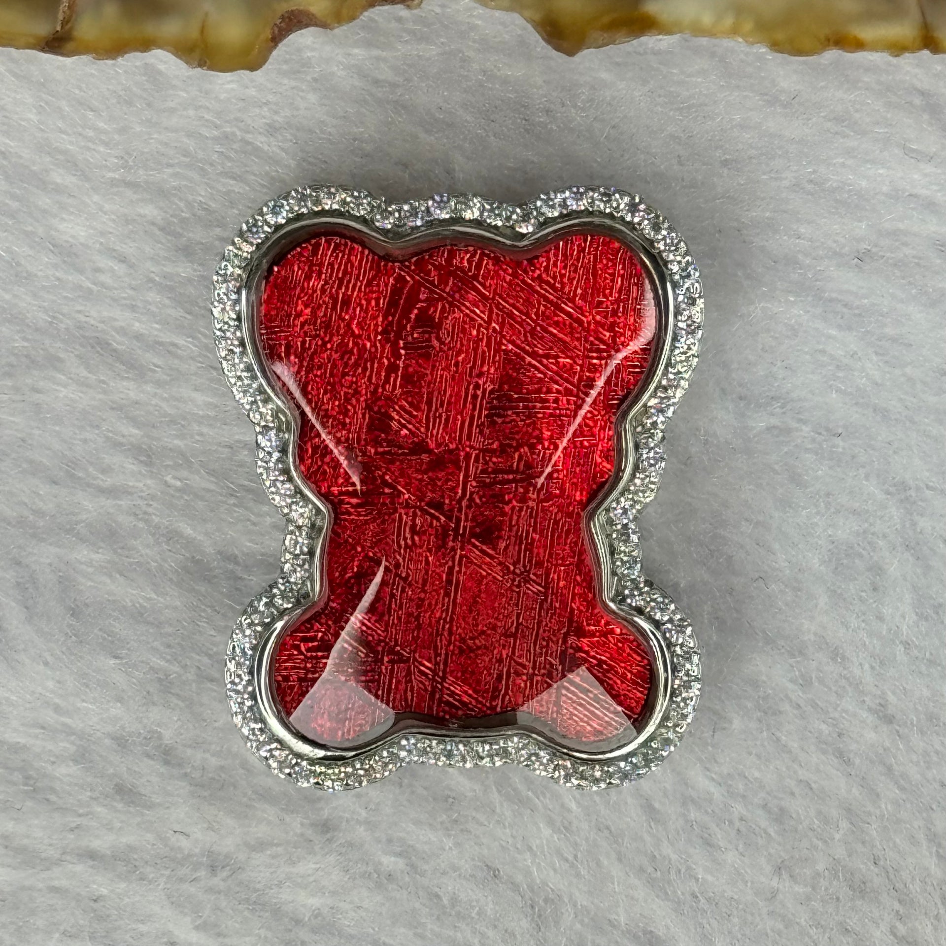 Natural Meteorite Bear Charm in S925 Silver with Crystals For Necklace / Bracelet (Red Color) 7.54g 26.3 by 21.3 by 8.5mm - Huangs Jadeite and Jewelry Pte Ltd