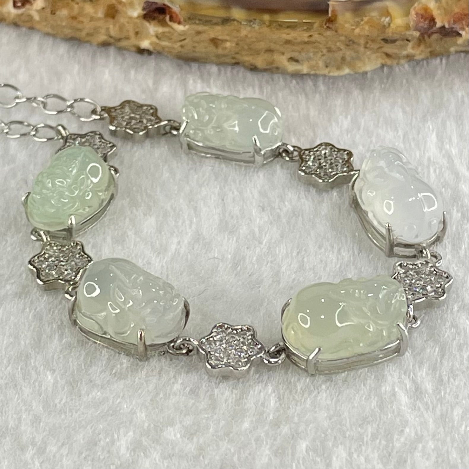 Type A Icy Faint Green and Faint Lavender to Colourless Jadeite 5 Pixiu S925 Silver Bracelet 6.61g 11.1 by 7.8 by 4.8mm - Huangs Jadeite and Jewelry Pte Ltd