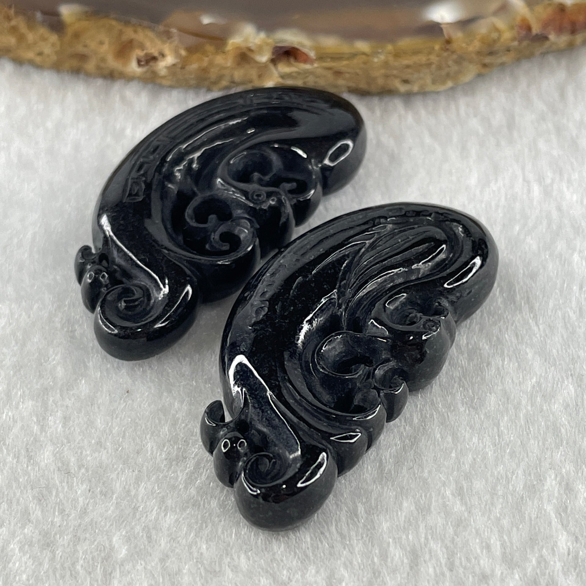 Type A Opaque Black Omphacite Jadeite Dragon 12.51g 42.4 by 20.6 by 8.2mm and Phoenix 13.27g 42.6 by 20.7 by 8.7mm Pair Pendant - Huangs Jadeite and Jewelry Pte Ltd