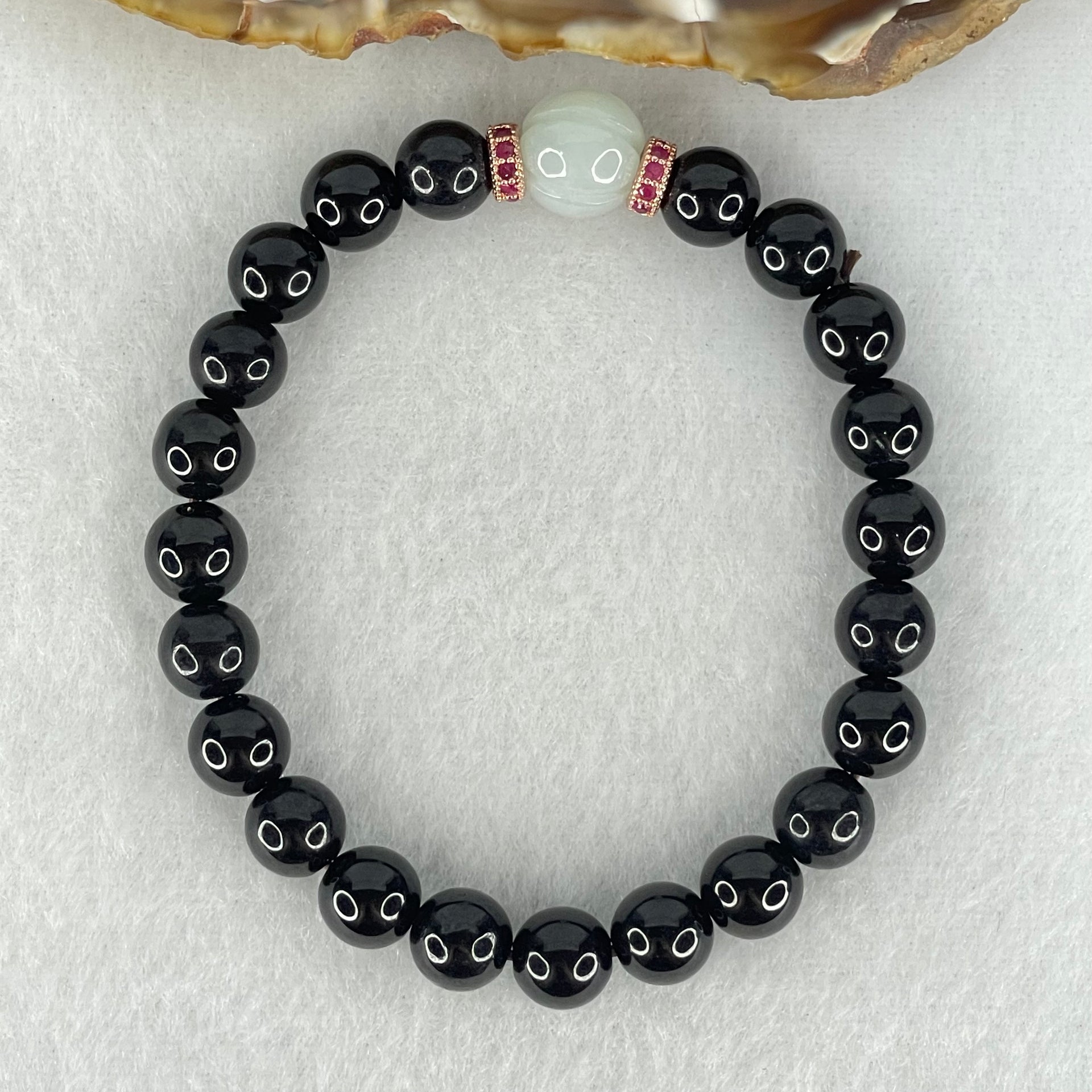 Type A Opaque Black Omphasite Jadeite Beads with Faint Green Jadeite Melon Charm Bracelet 21.49g 15.5cm 8.0mm 22 Bead 10.1 by 9.3m 1 Bead - Huangs Jadeite and Jewelry Pte Ltd