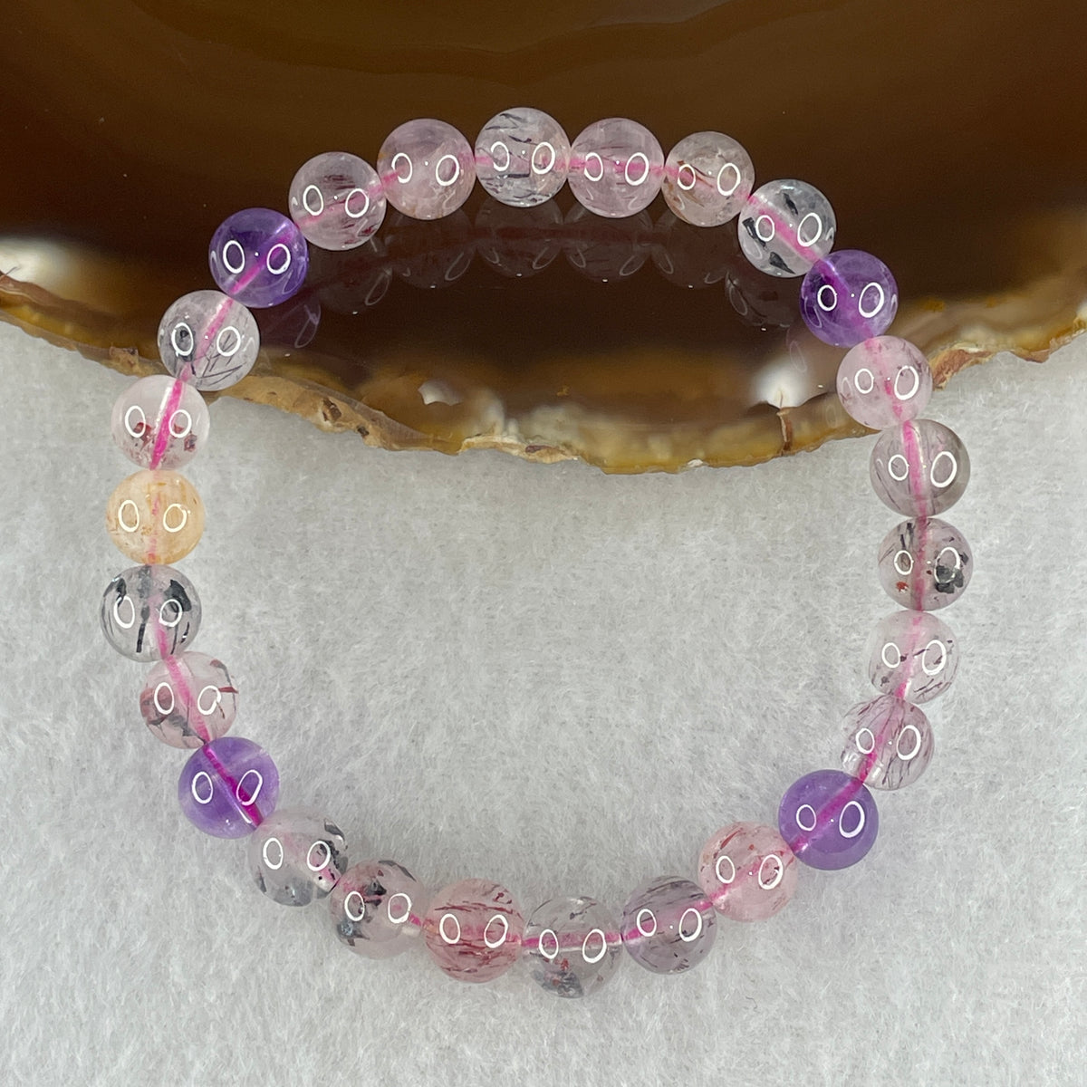 Certified Above Average Grade Natural Super 7 Crystal Beads Bracelet | 7.3mm Dainty Sacred 7-Mineral Synergy Power (13.15g | 15.5cm Petite Wrist Sizing | 26 Beads)