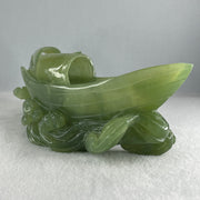 Natural Semi Icy Green Serpentine Double Boats Display 1,692.9g 287.0 by 121.0 by 130.0mm - Huangs Jadeite and Jewelry Pte Ltd