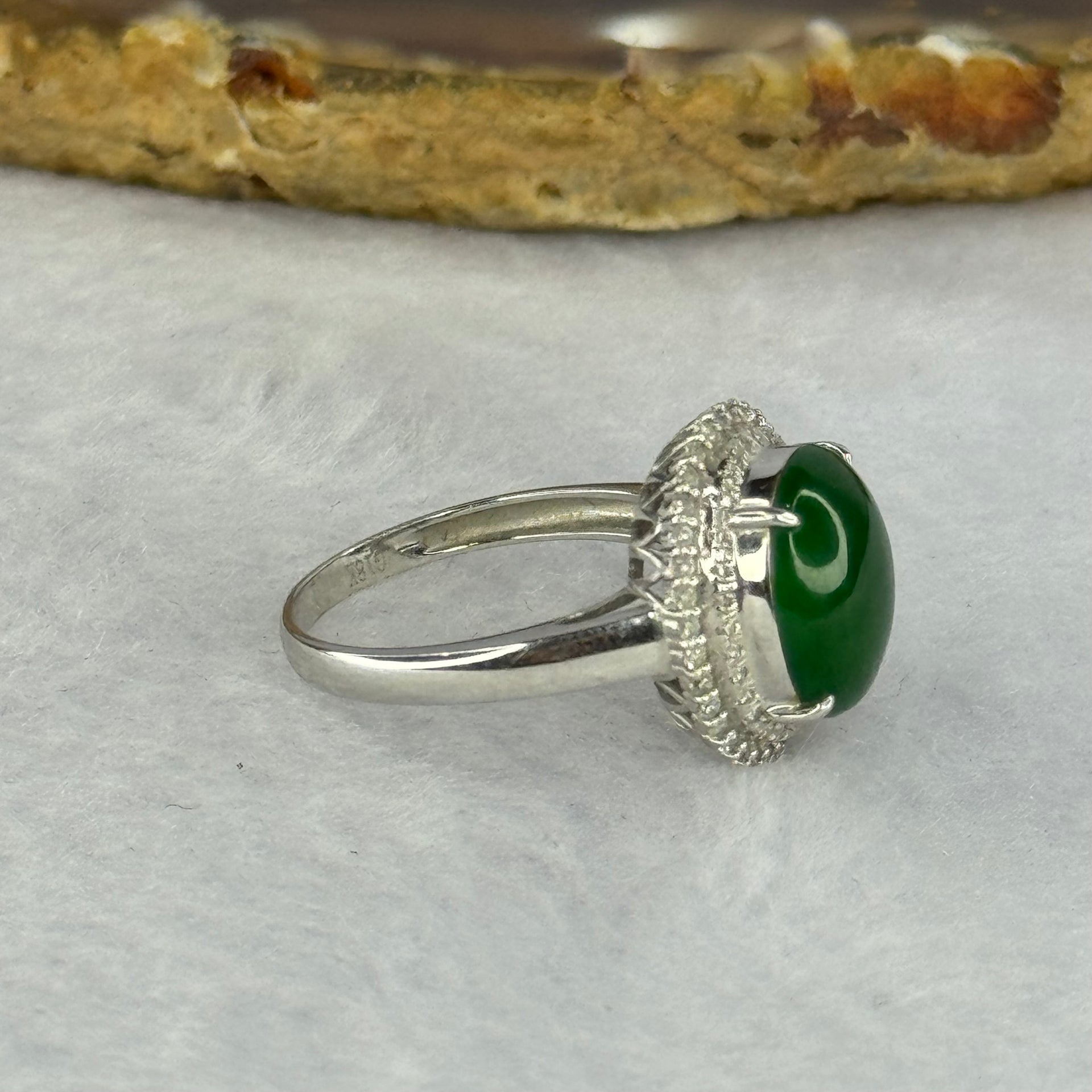 Type A Green Jadeite with Diamonds in 18K White Gold 3.60g 11.5 by 9.3 by 4.2mm - Huangs Jadeite and Jewelry Pte Ltd