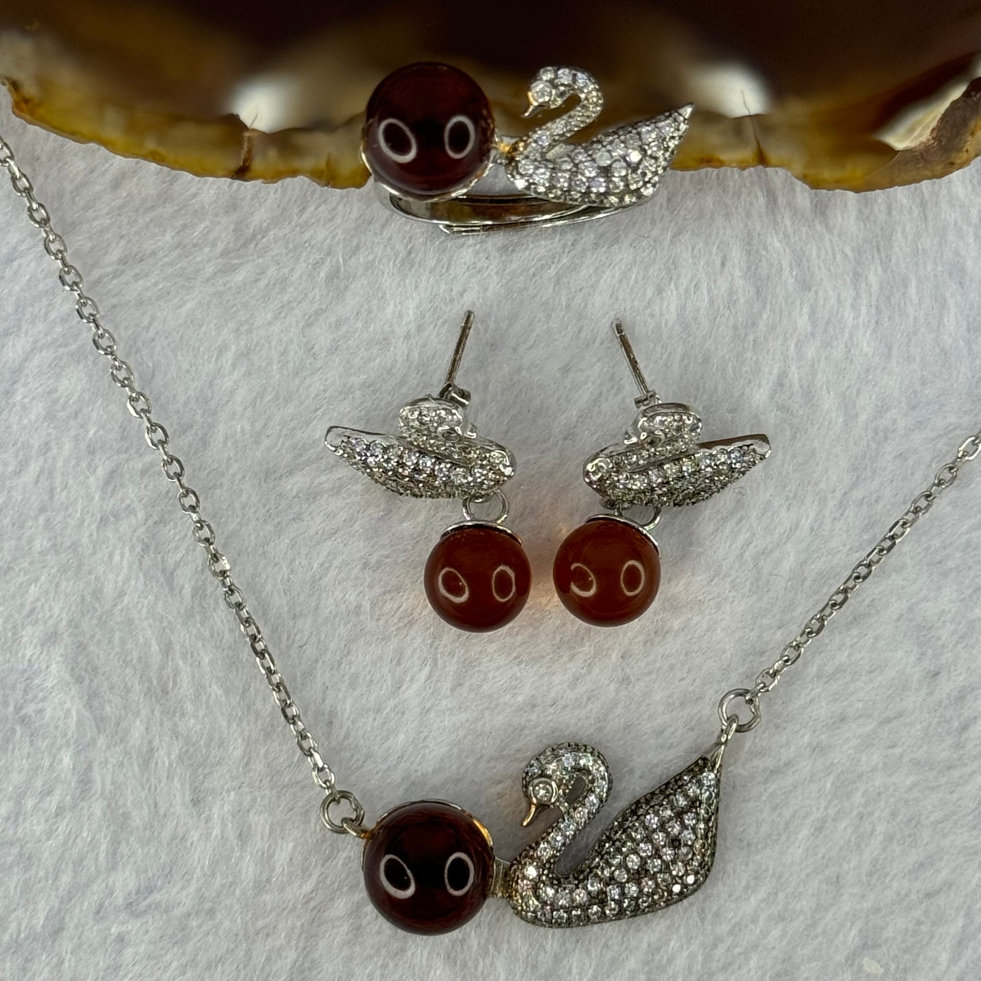 Natural Cognac Amber with Crystals in S925 Sliver Set of Earrings 7.7mm, Ring 8.7mm and Necklace 9.2mm Total 10.77g - Huangs Jadeite and Jewelry Pte Ltd