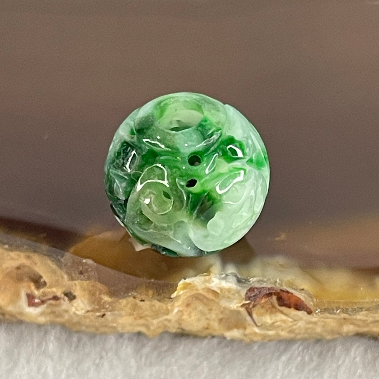 Natural Type A Lao Keng Old Mine Green with Light Green Jadeite Flora Carving Bead Charm 1.44g 11.4mm - Huangs Jadeite and Jewelry Pte Ltd