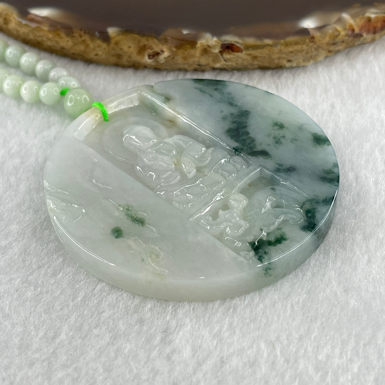 Natural Type A Light Green with Faint Lavender Green Piao Hua Jadeite Buddha Pendant with Light Green Jadeite Beads Necklace 70.41g 60cm 55.3 by 6.6mm