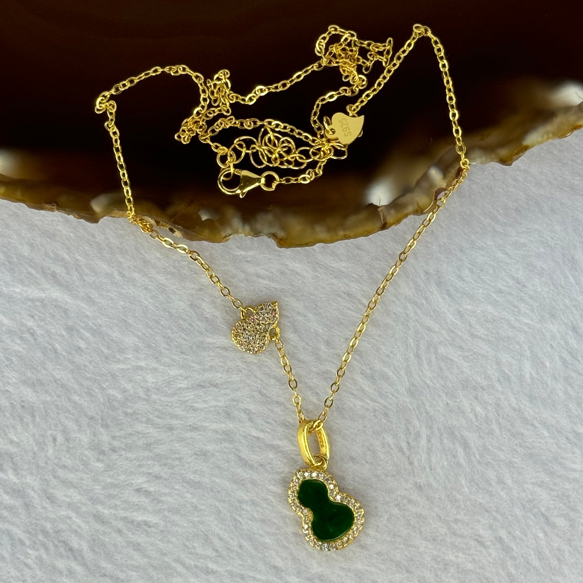 Type A Old Mine Spicy Green Jadeite Hulu with Crystals in S925 Sliver Gold Color Necklace 3.30g 10.1 by 7.0 by 1.0mm - Huangs Jadeite and Jewelry Pte Ltd