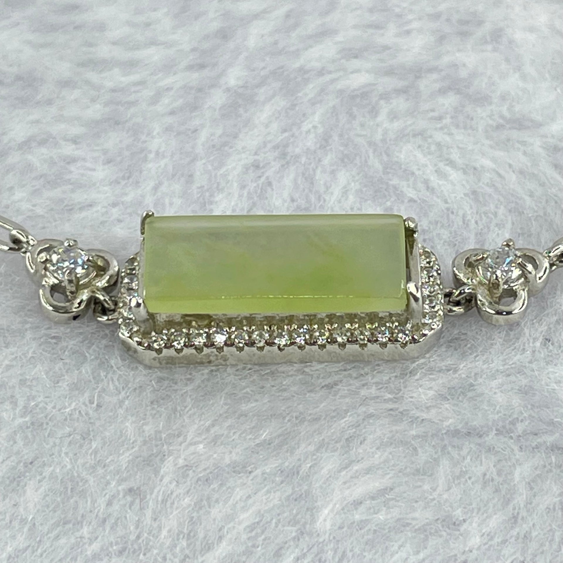 Type A Icy Green Jadeite Mini Rectangle Wu Shi Pai with Crystals in S925 Sliver Bracelet 4.18g 14.8 by 7.0 by 1.6mm - Huangs Jadeite and Jewelry Pte Ltd