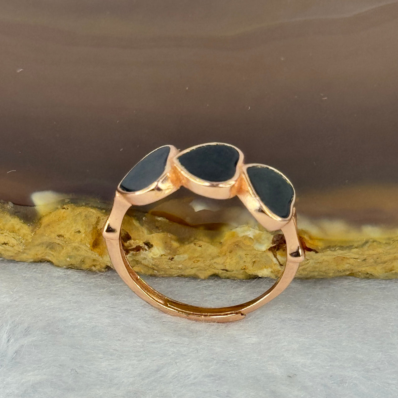 Type A Translucent Black Omphasite Jadeite Triple Heart in S925 Sliver Rose Gold Color Ring (Adjustable Size) 1.55g 6.7 by 7.0 by 1.5mm 3pcs - Huangs Jadeite and Jewelry Pte Ltd