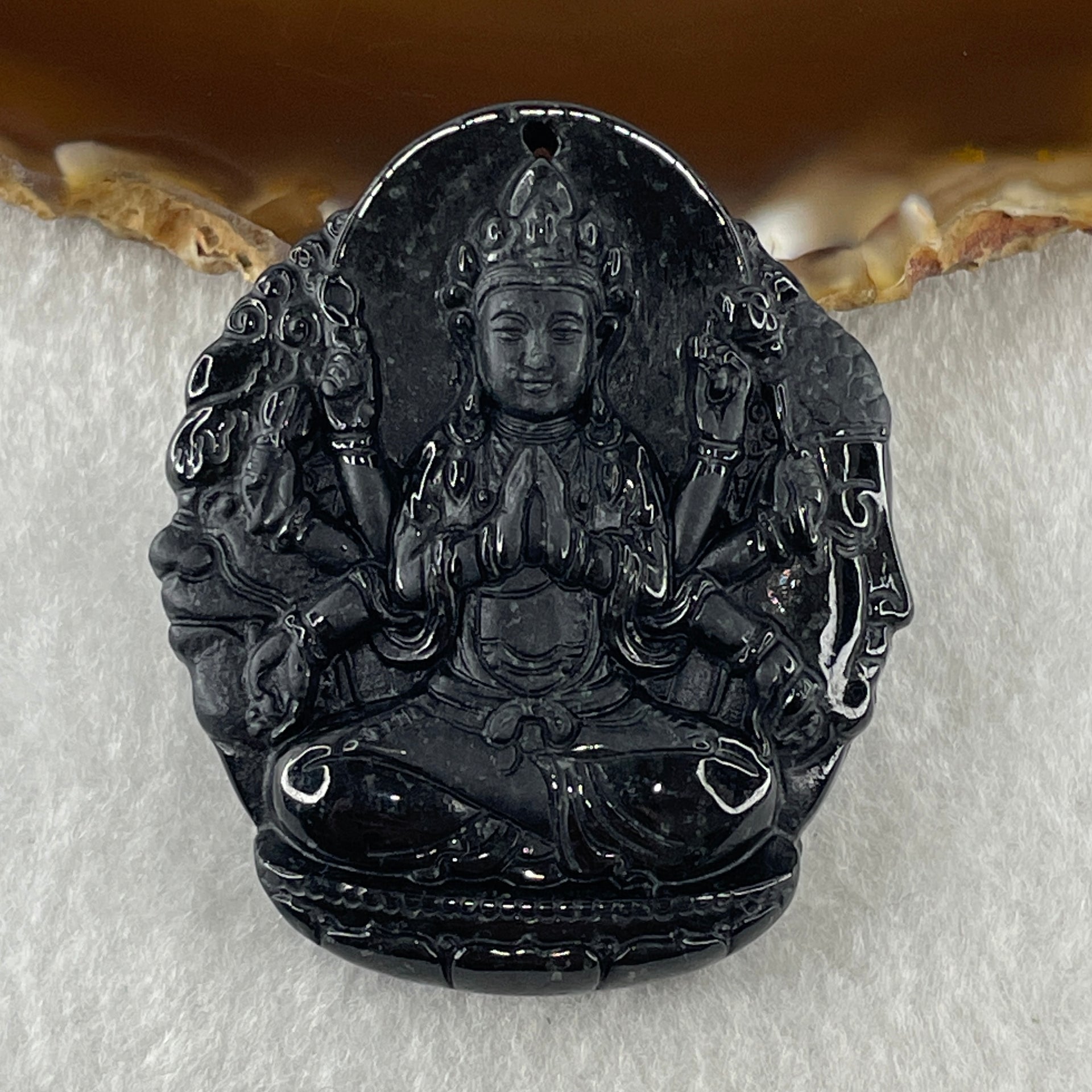Type A Opaque Black Omphacite Jadeite Good Vs Evil Thousand Hand Guan Yin Pendant Rat Zodiac Guardian 48.06g 50.8 by 44.0 by 12.5mm - Huangs Jadeite and Jewelry Pte Ltd
