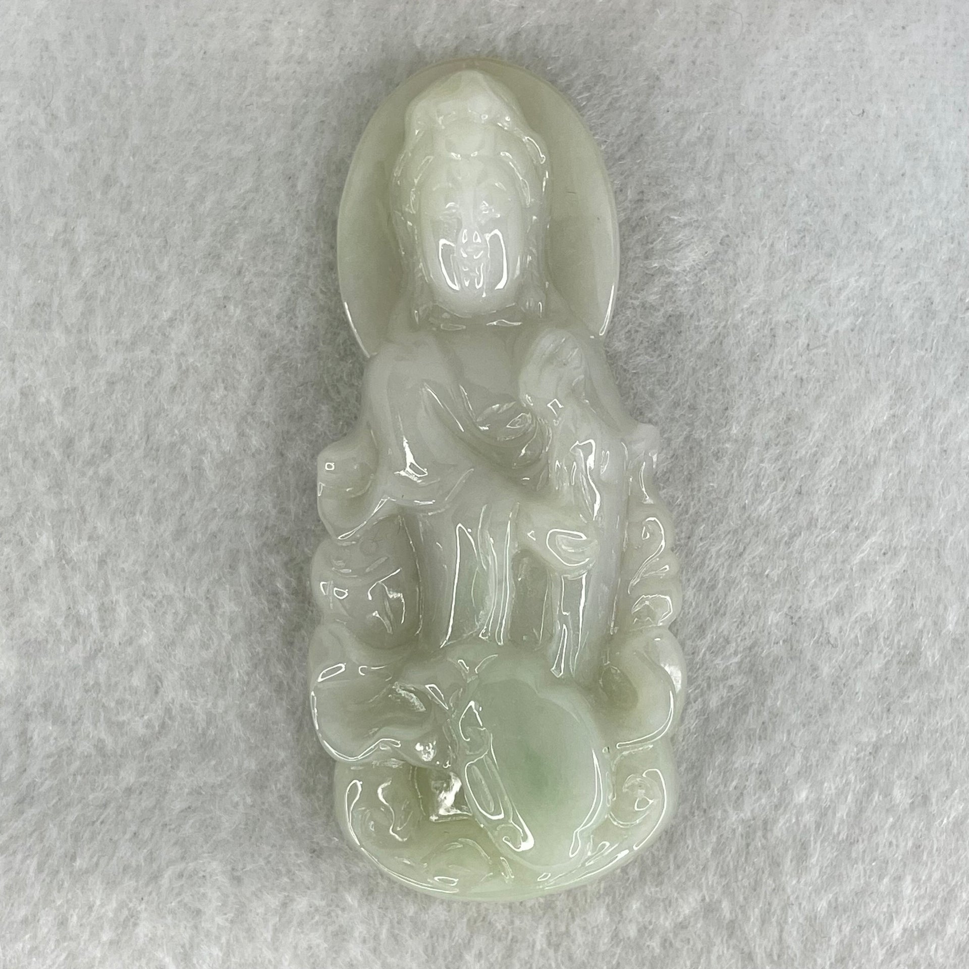 Type A Faint Green Lavender Jadeite Guan Yin Pendant 37.10g 61.8 by 28.3 by 14.3mm - Huangs Jadeite and Jewelry Pte Ltd