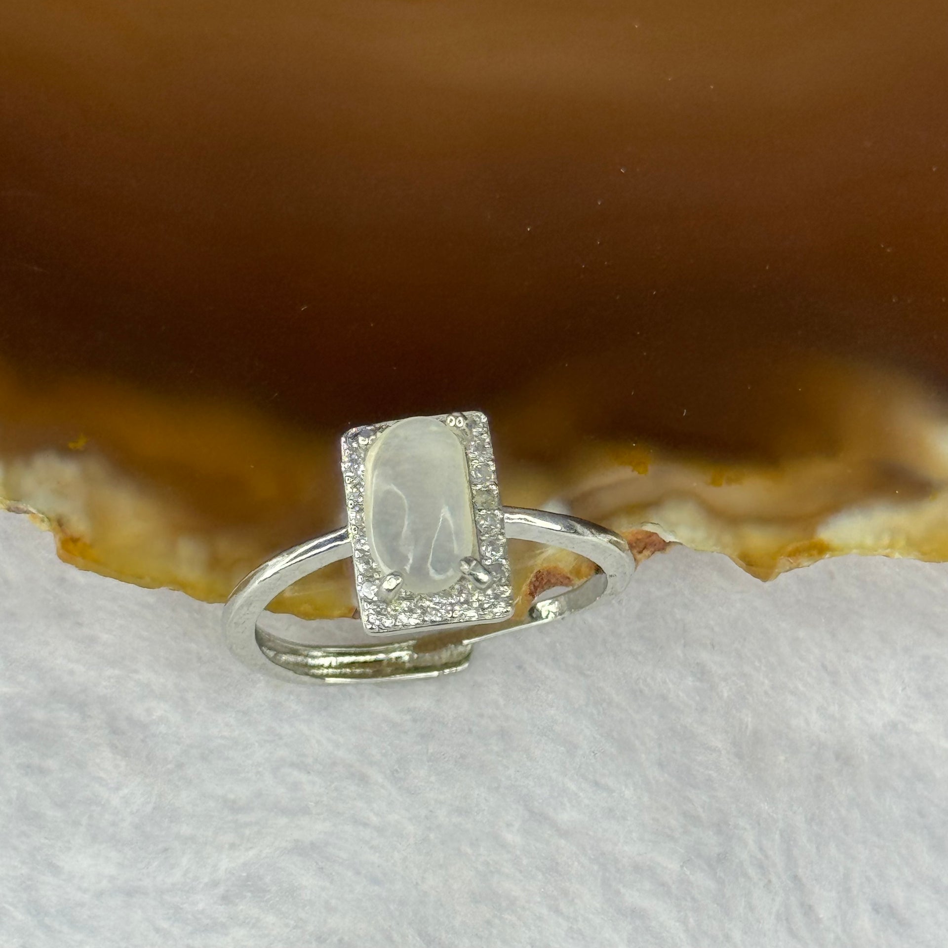Type A High ICY White Jadeite with Crystals in S925 Sliver Ring (Adjustable Size) 2.01g 8.9 by 5.5 by 3.1mm - Huangs Jadeite and Jewelry Pte Ltd